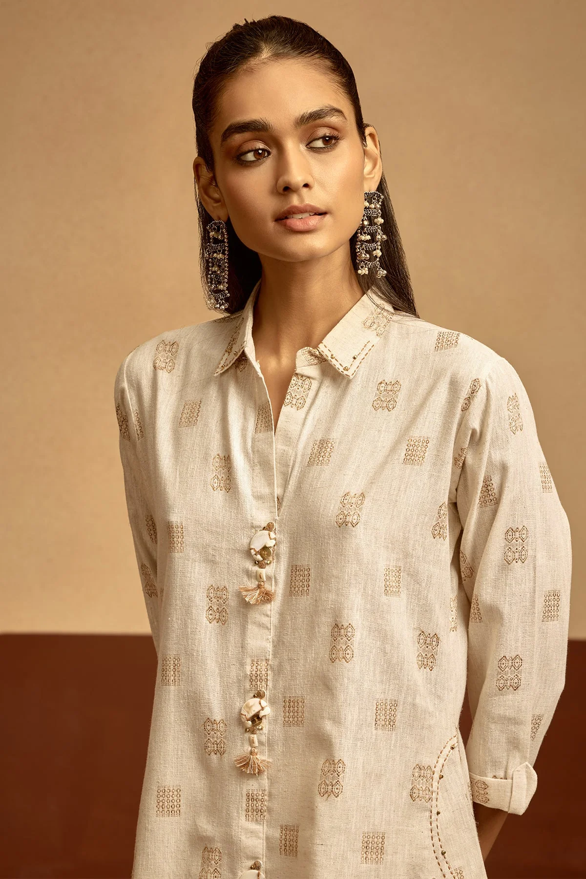 Cream Embroidered A-line Kurta 2 Pcs Set - Image 3