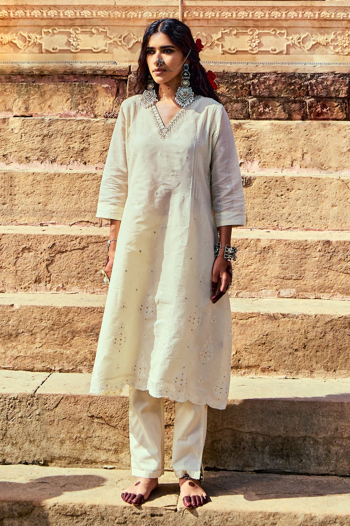 Cream Embroidered A-Line Kurta 2 Pcs Set - Image 3
