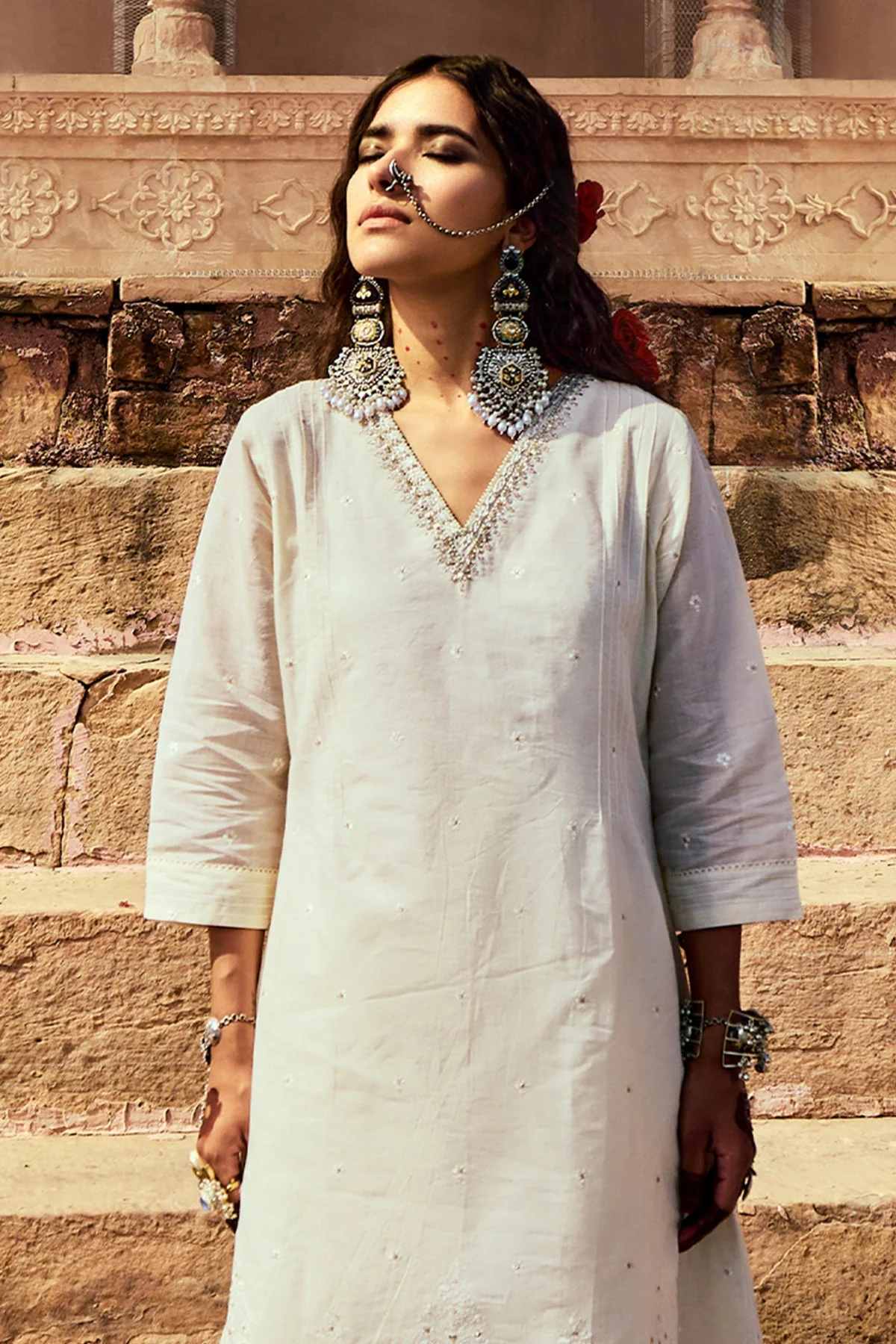 Cream Embroidered A-Line Kurta 2 Pcs Set - Image 4