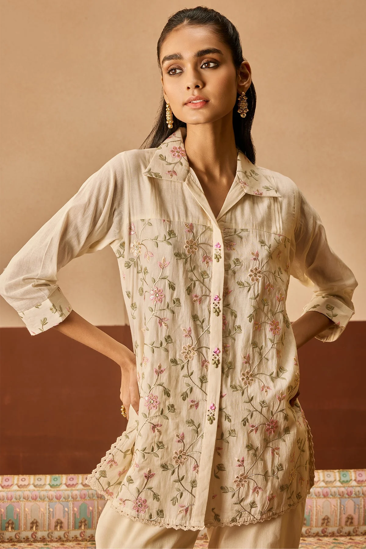 Cream Embroidered Co-Ord Set - Image 3