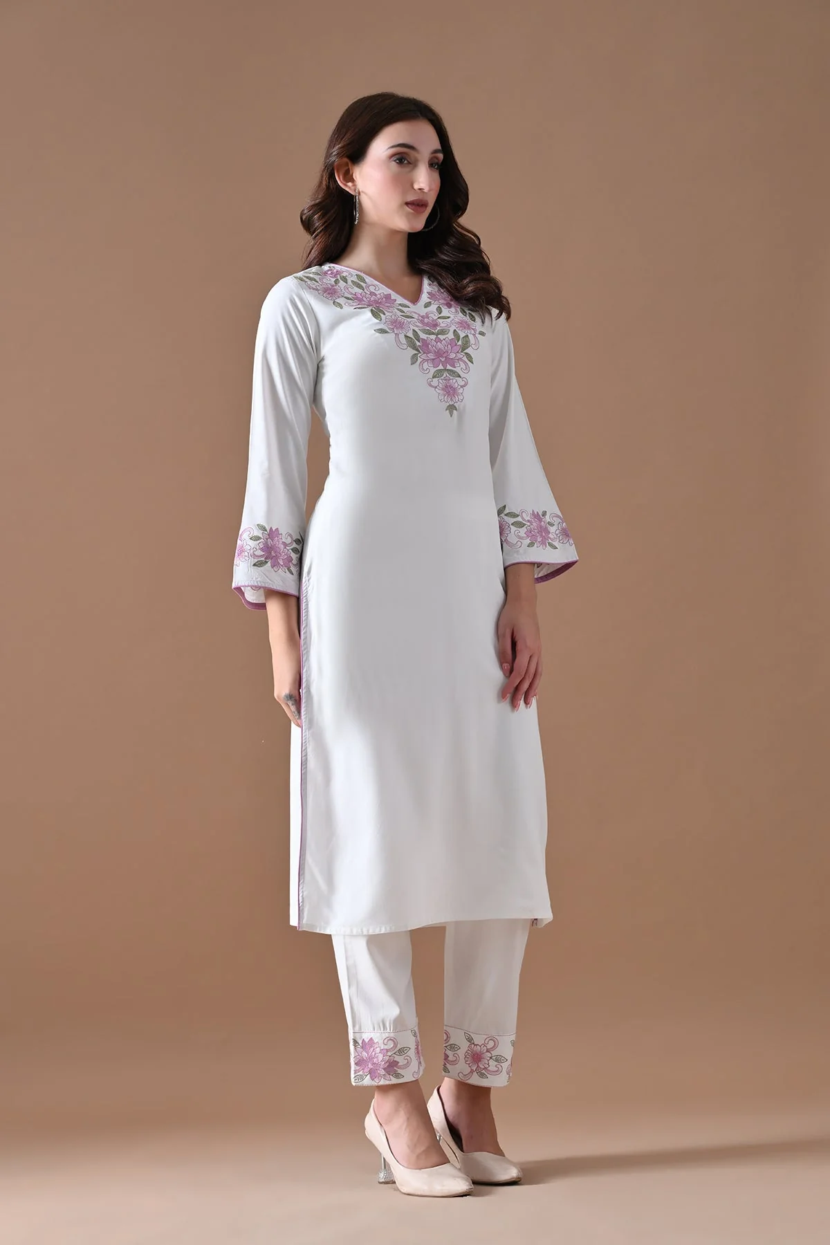 Cream Embroidered Kurta 2 Pcs Set - Image 3