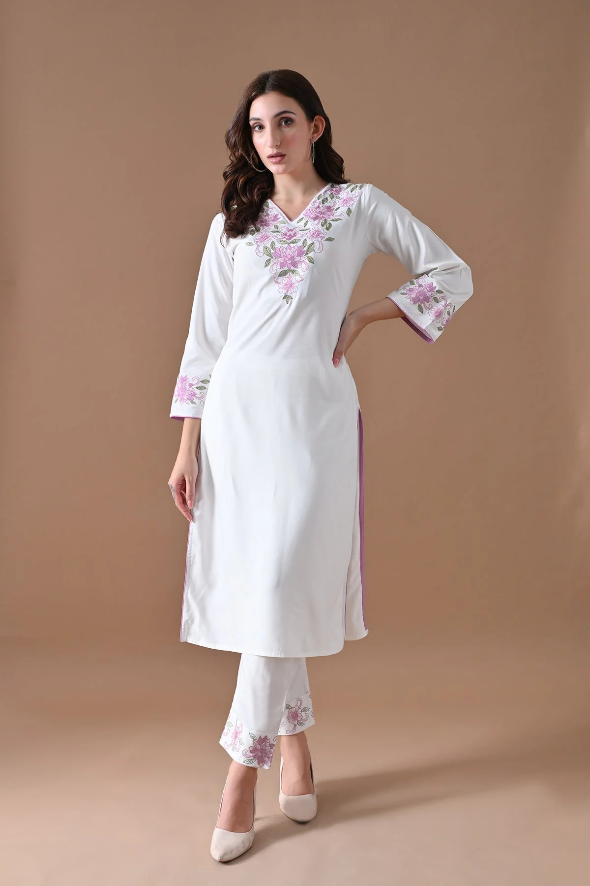Cream Embroidered Kurta 2 Pcs Set - Image 7