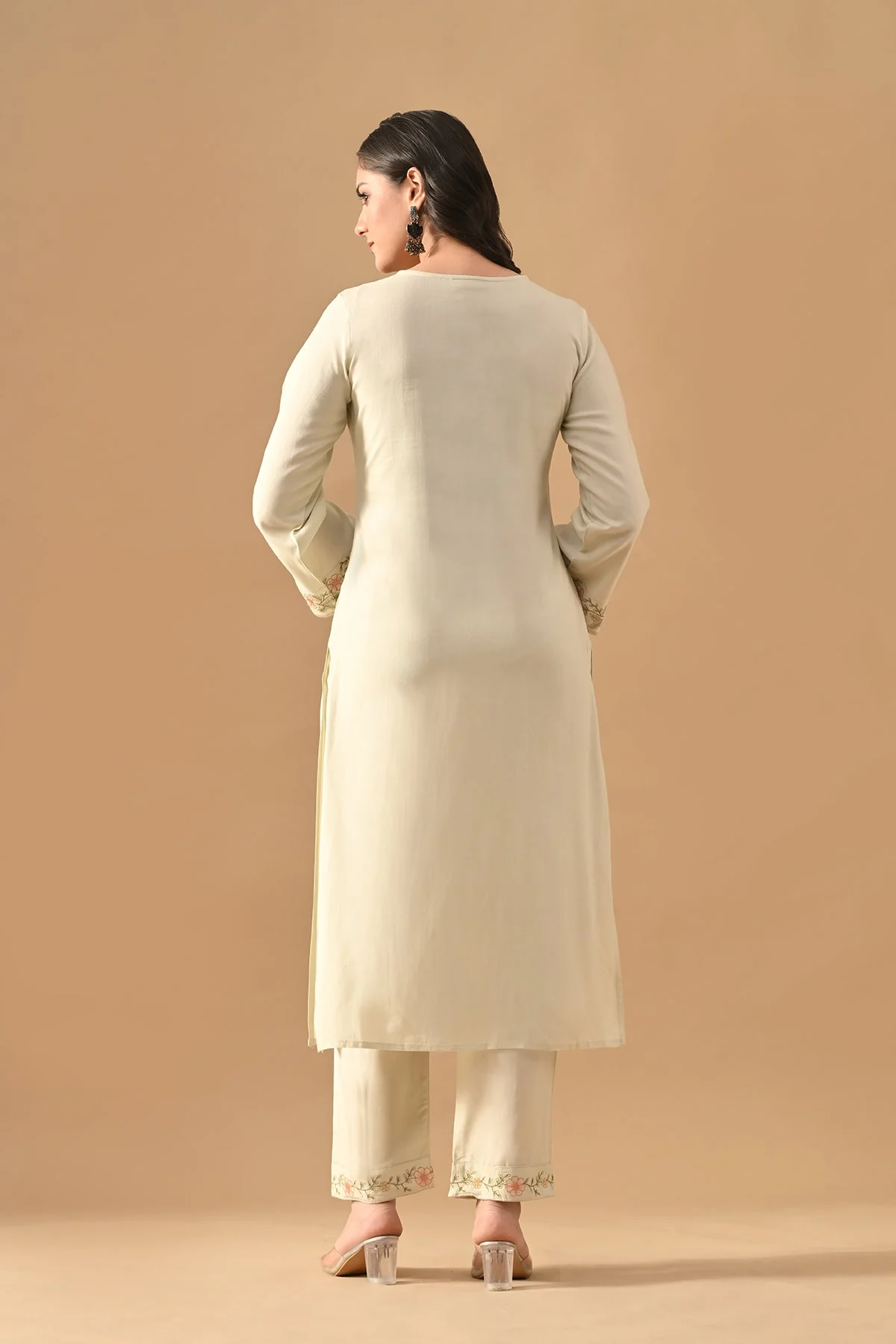Cream Embroidered Kurta 2 Pcs Set - Image 4
