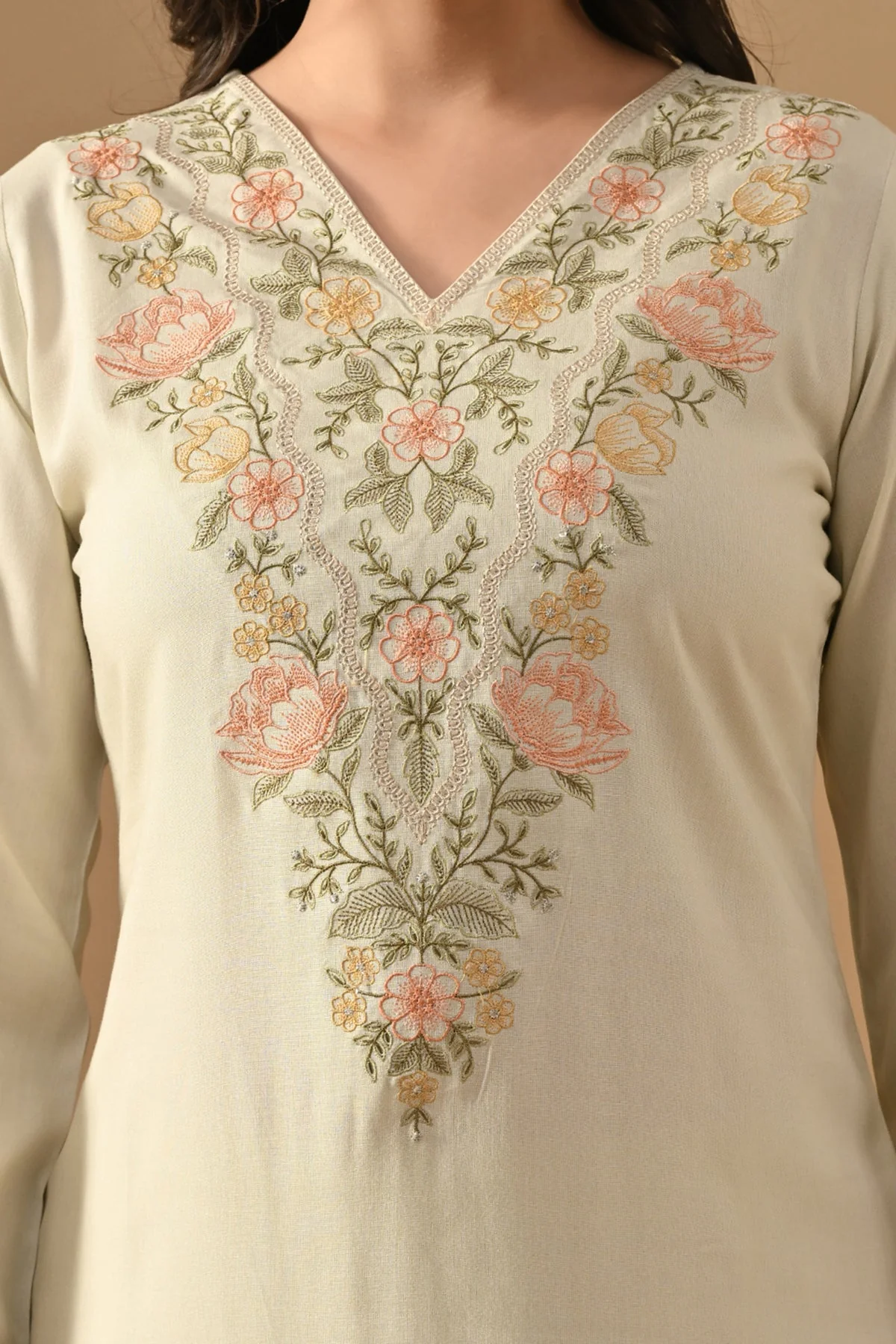 Cream Embroidered Kurta 2 Pcs Set - Image 5