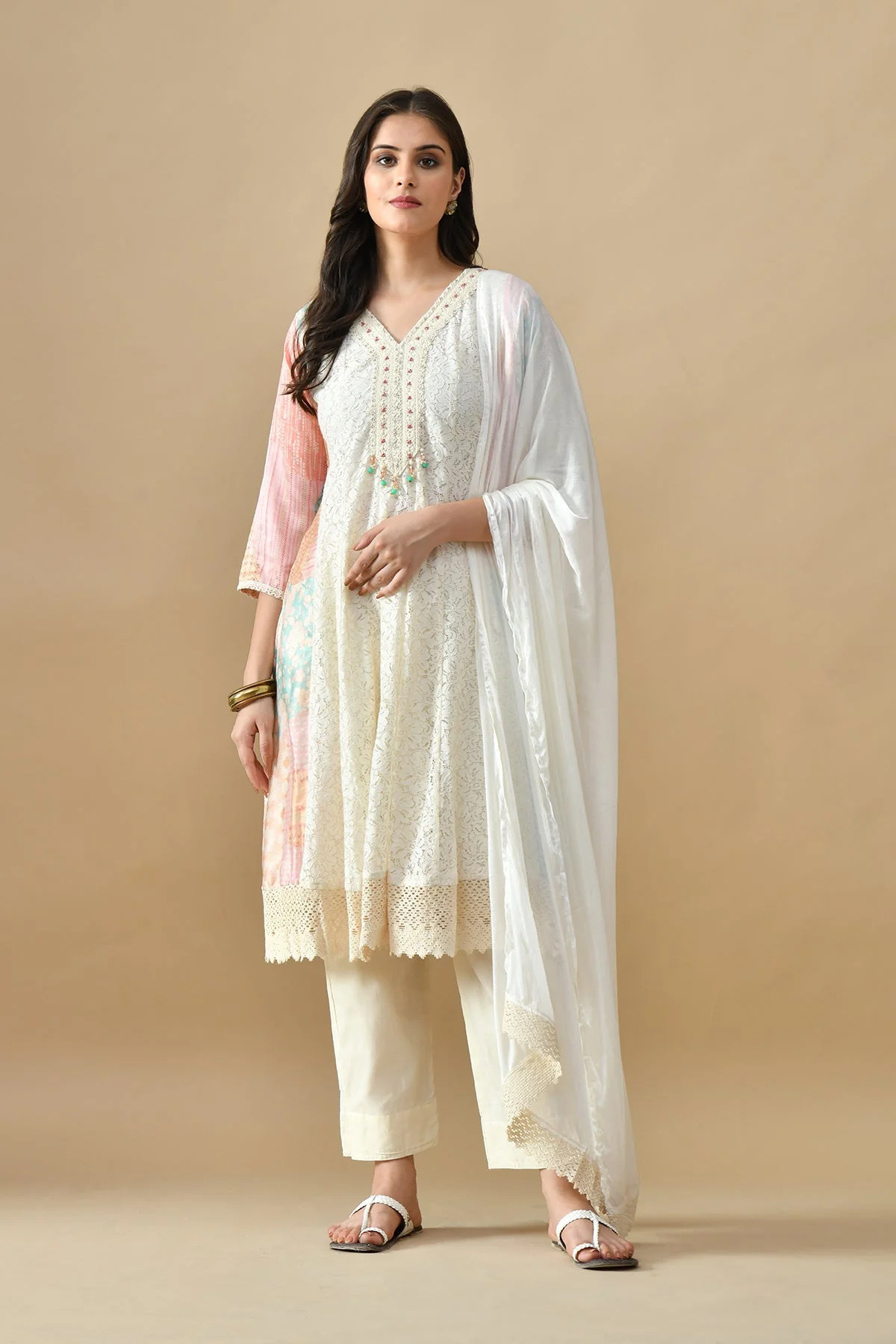Cream Embroidered Kurta 3 Pcs Set