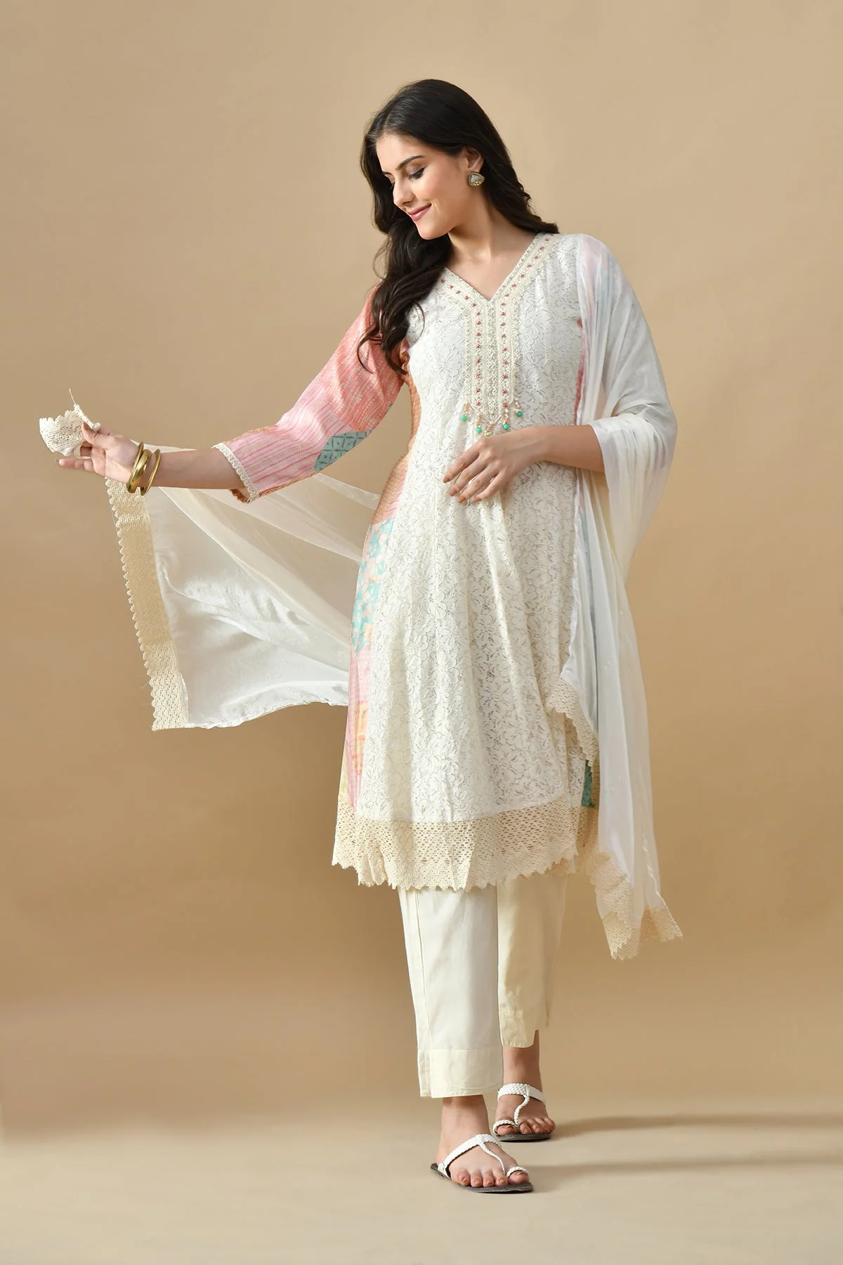 Cream Embroidered Kurta 3 Pcs Set - Image 3