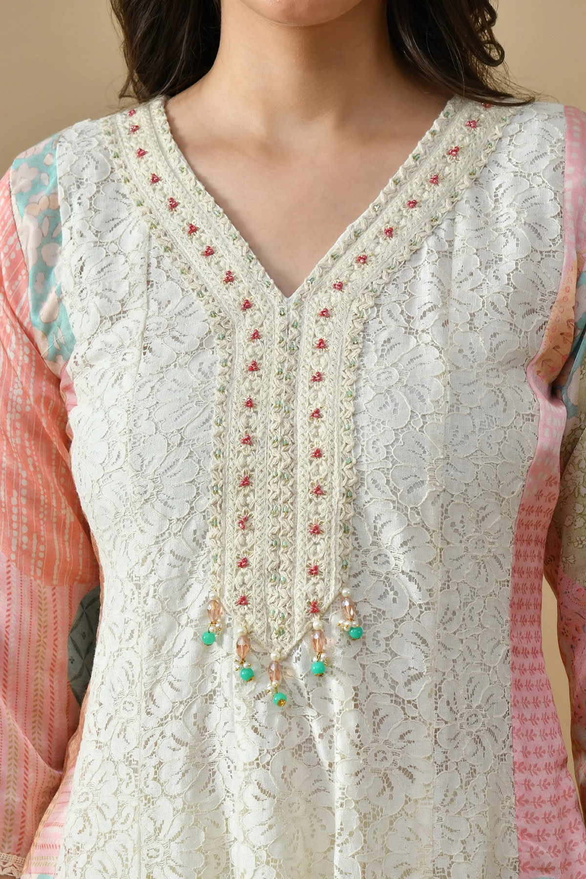 Cream Embroidered Kurta 3 Pcs Set - Image 6