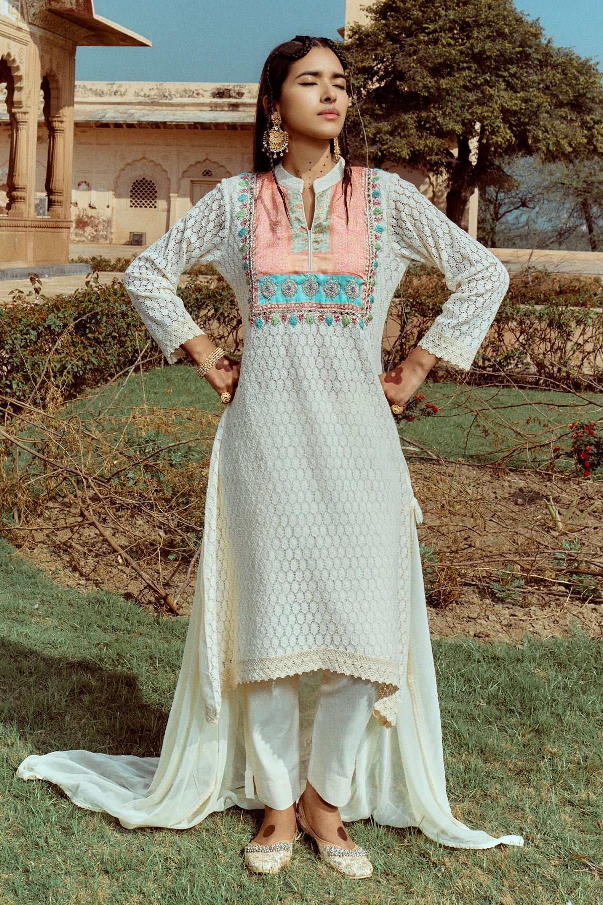 Cream Embroidered Kurta 3 Pcs Set - Image 3