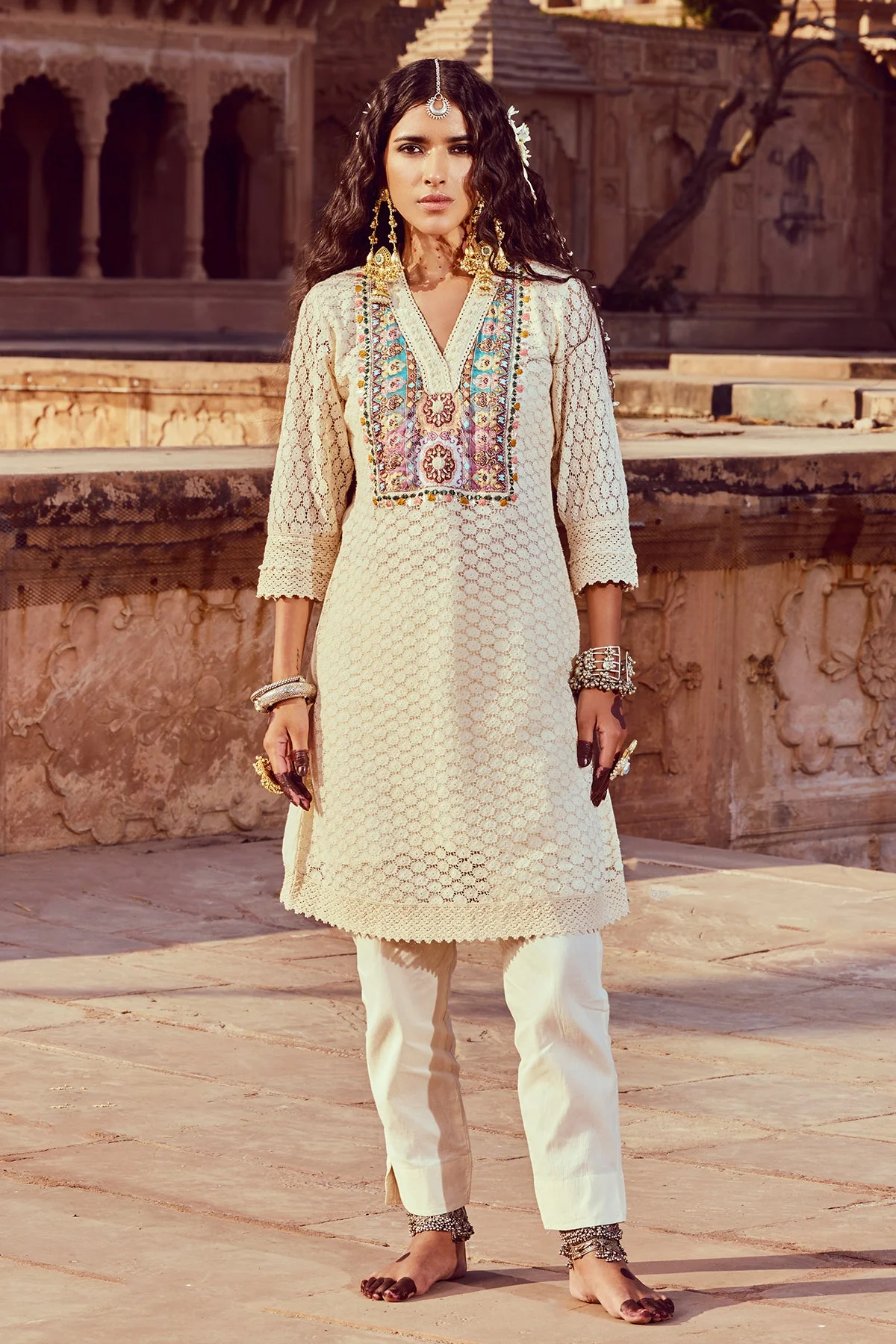 Cream Embroidered Kurta 3 Pcs Set