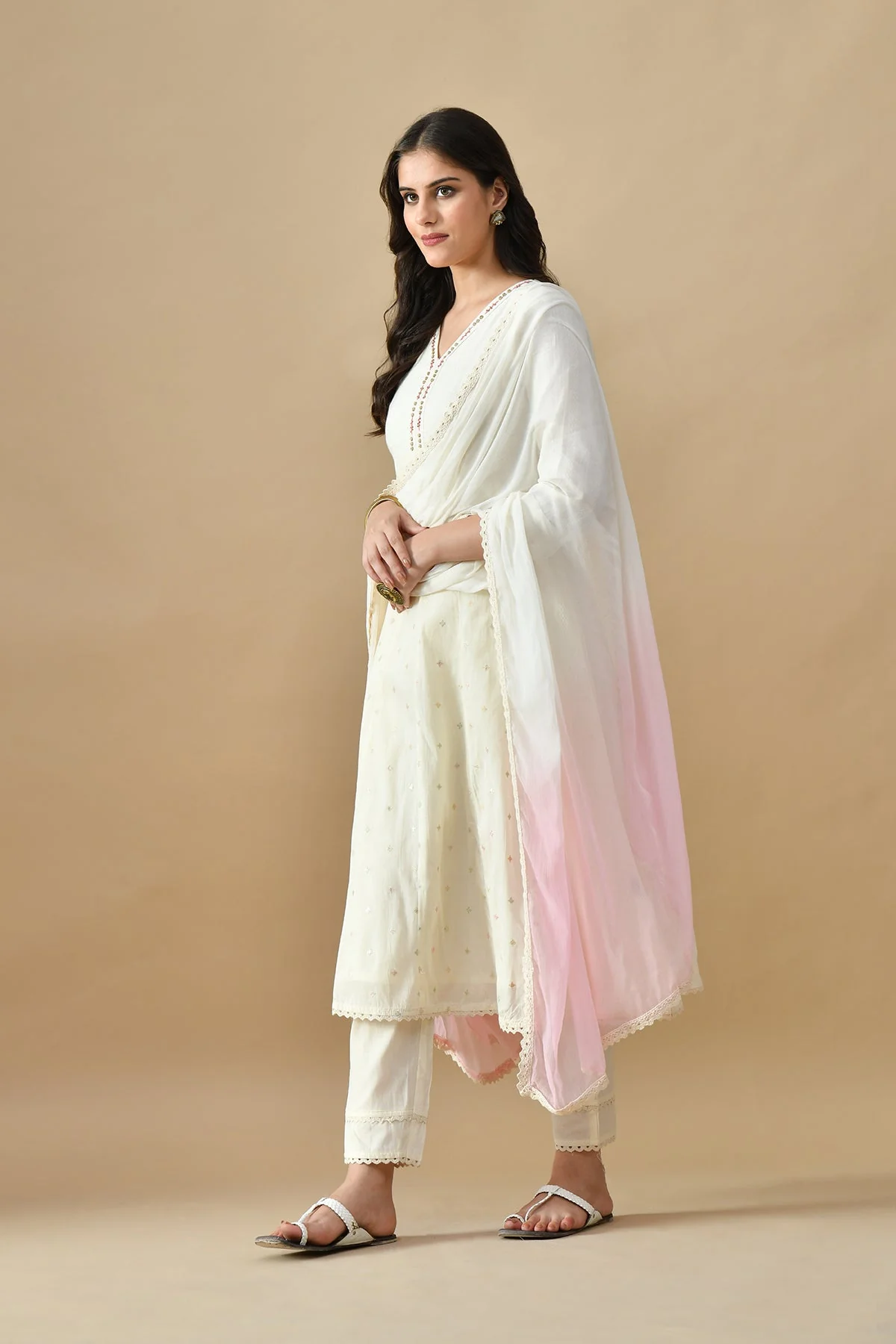 Cream Embroidered Kurta 3 Pcs Set - Image 3
