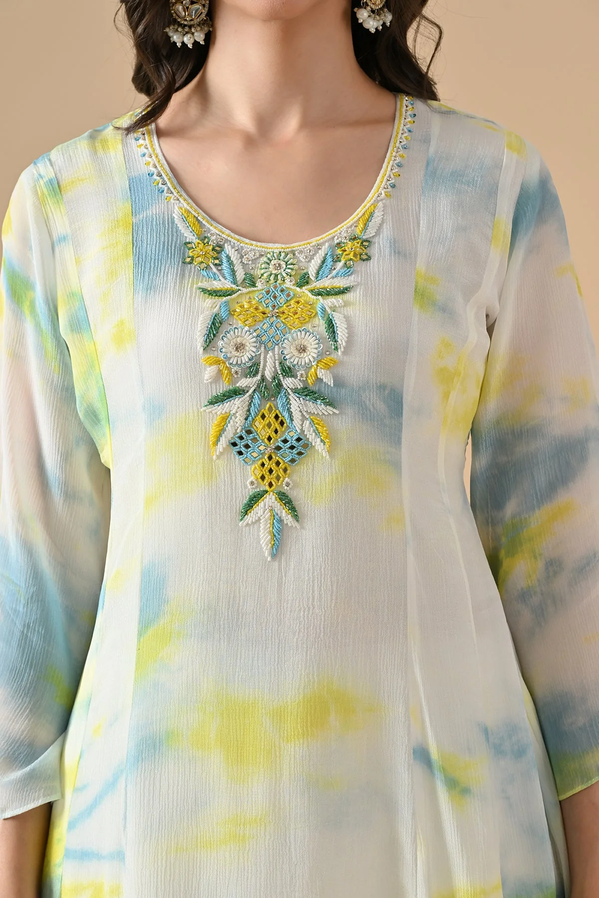 Cream Embroidered Kurta 3 Pcs Set - Image 5