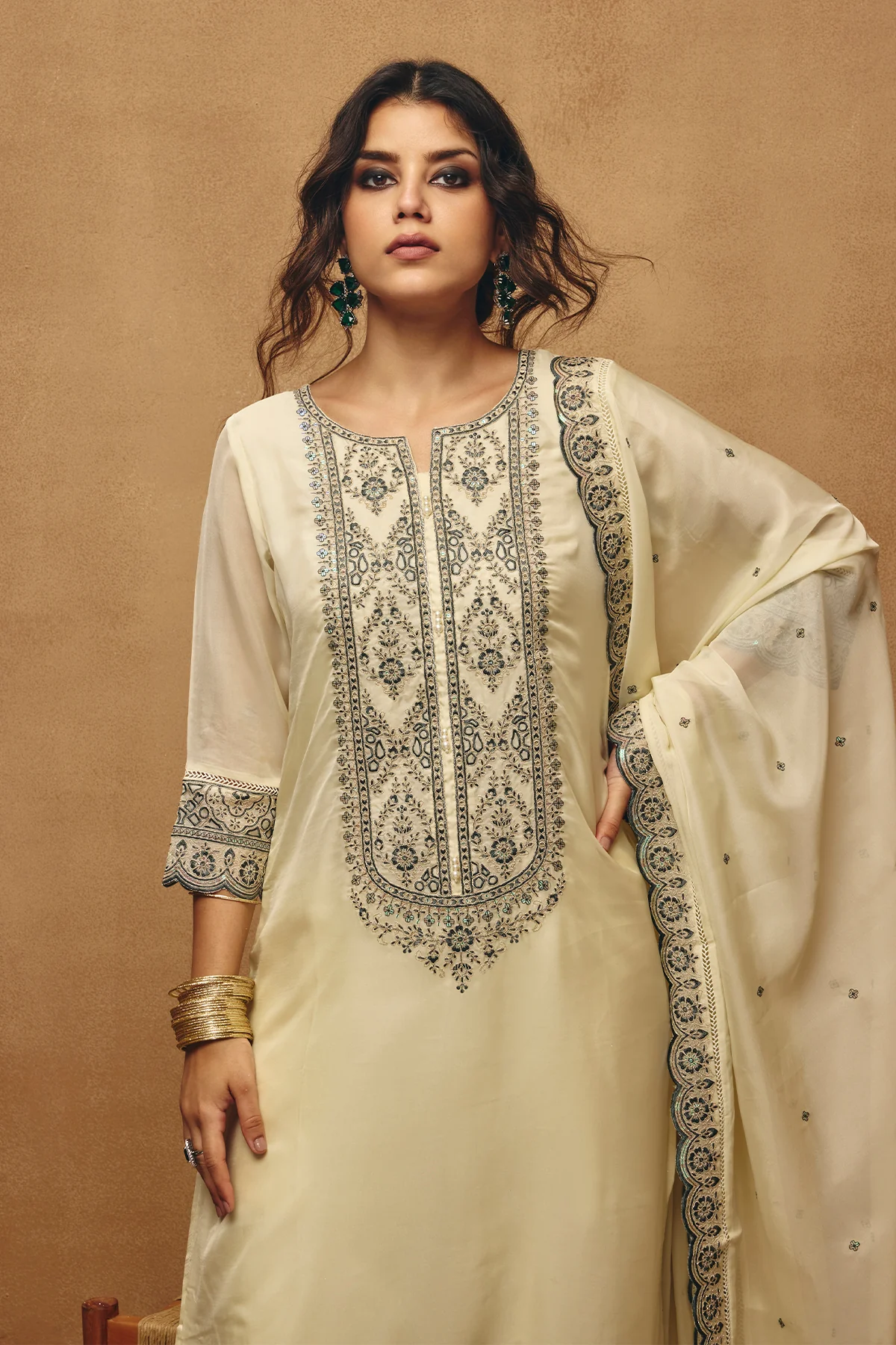 Cream Embroidered Kurta 3 Pcs Set - Image 6