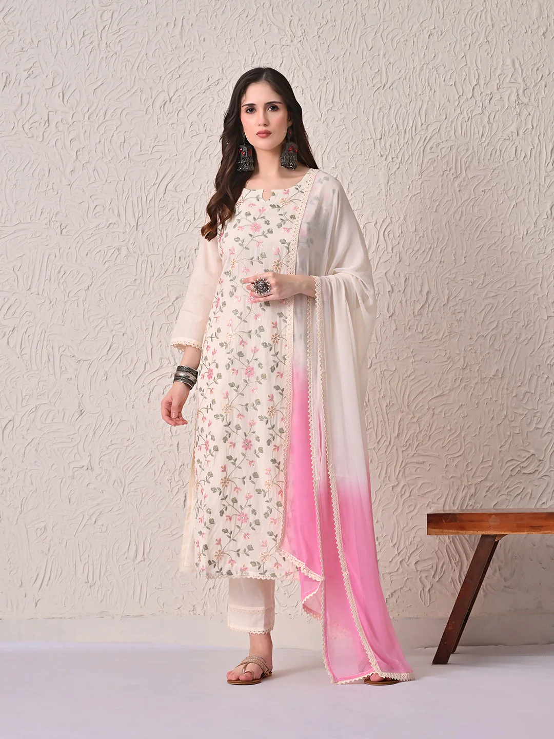 Cream Embroidered Kurta 3 Pcs Set