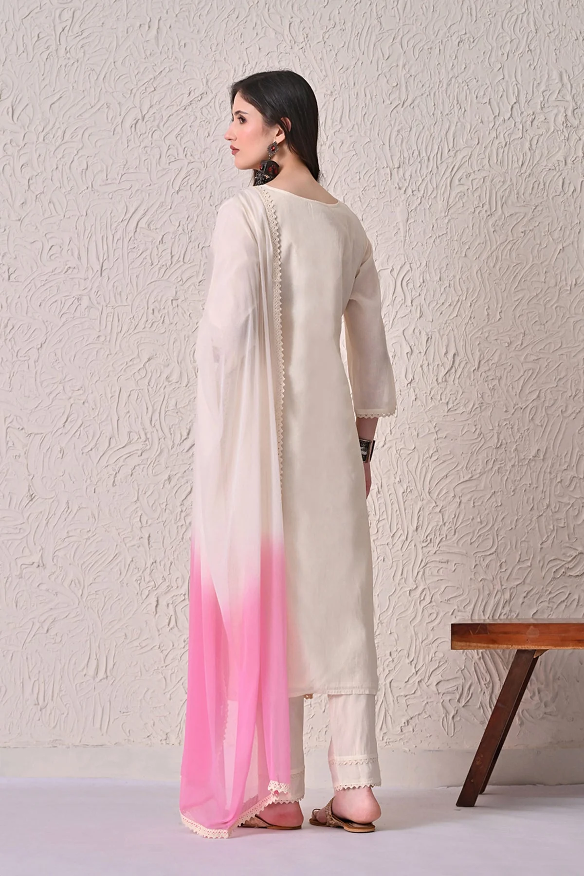 Cream Embroidered Kurta 3 Pcs Set - Image 5