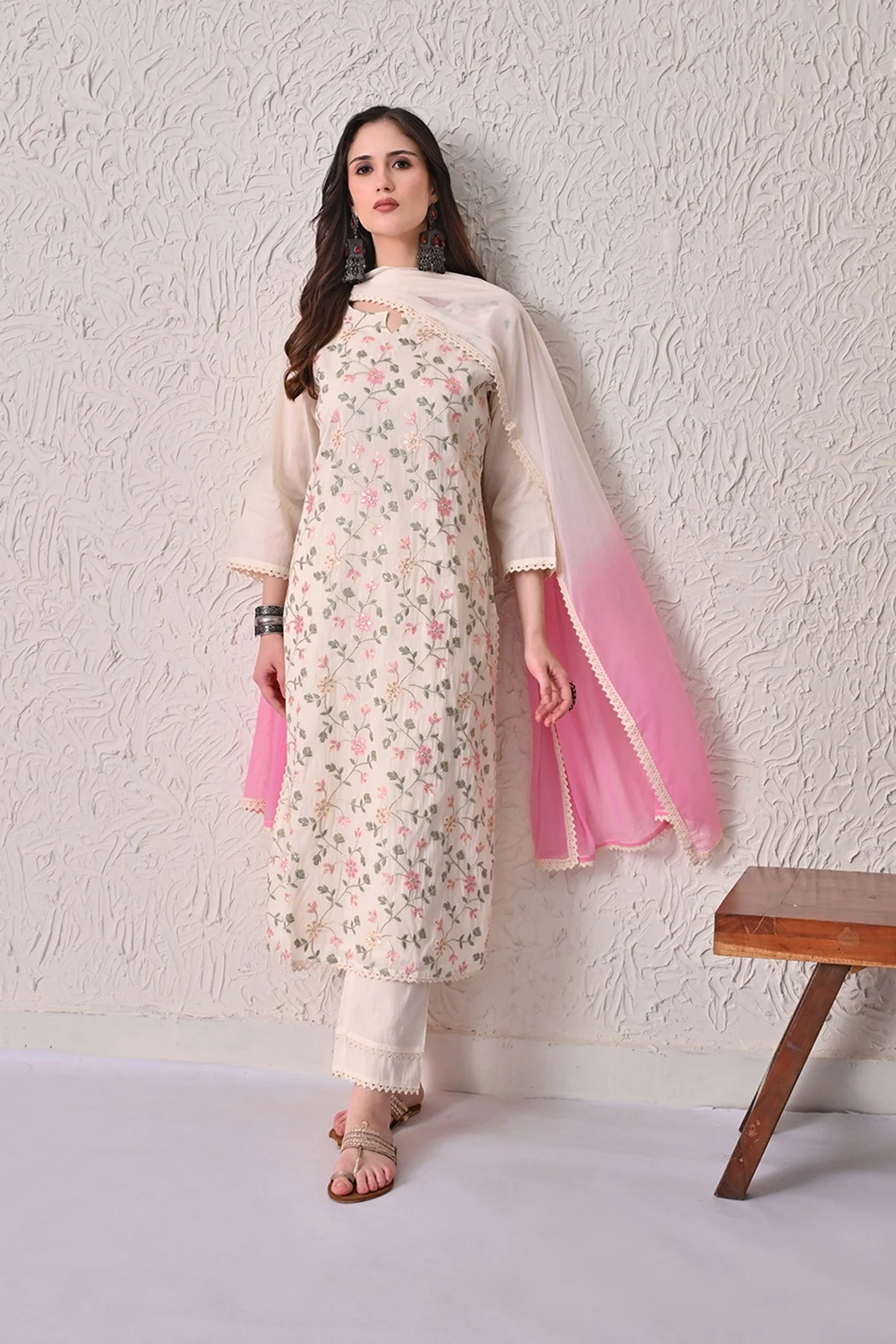 Cream Embroidered Kurta 3 Pcs Set - Image 7