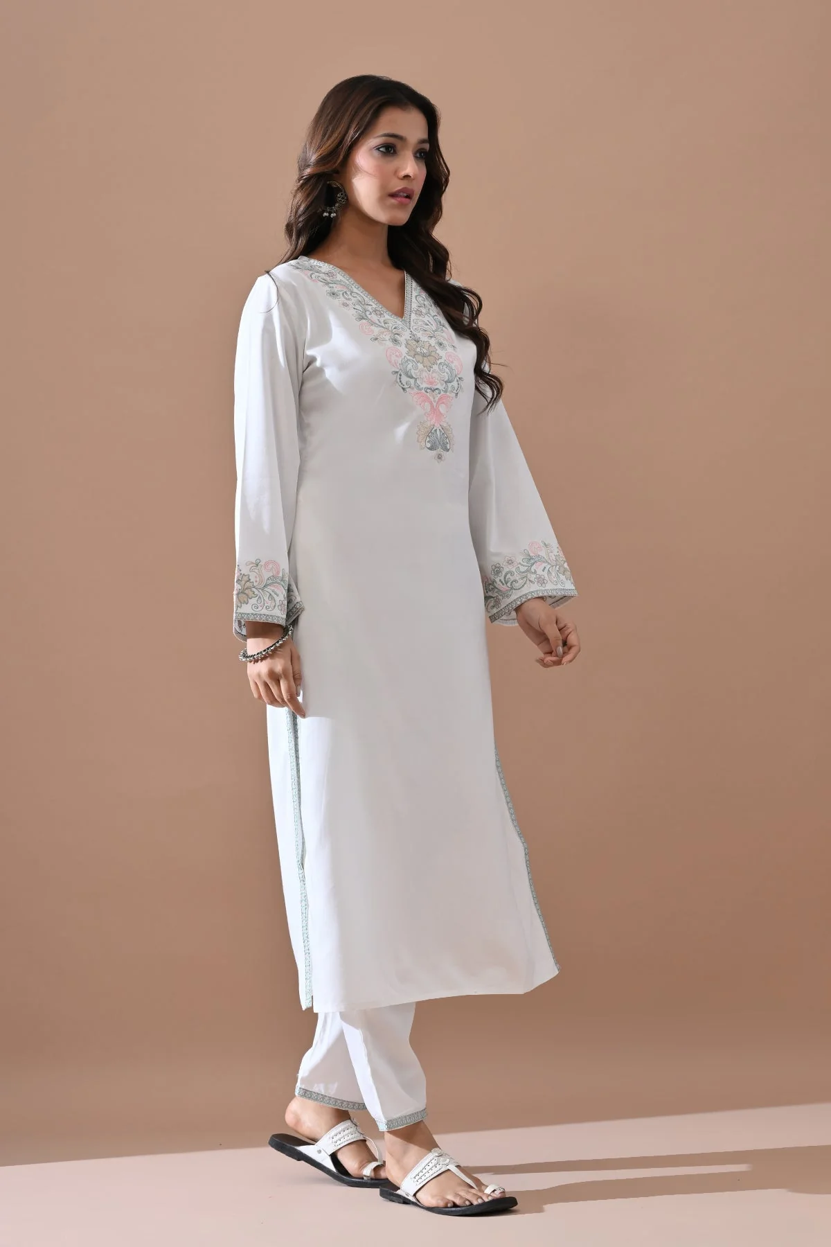 Cream Embroidered Kurta 2 Pcs Set - Image 3