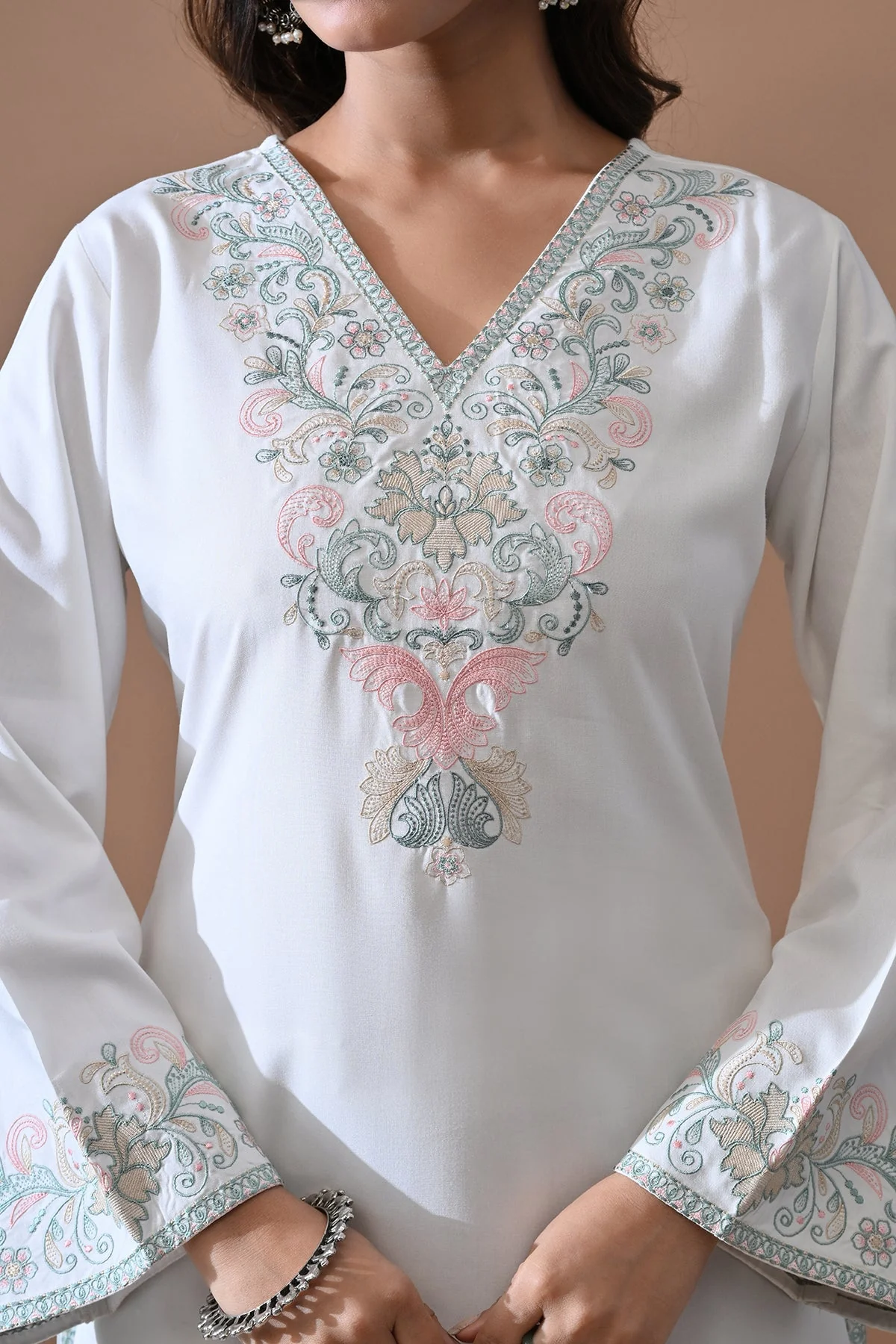 Cream Embroidered Kurta 2 Pcs Set - Image 4