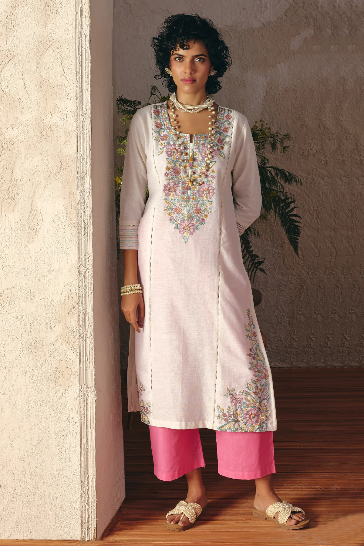 Cream Embroidered Kurta 2 Pcs Set - Image 2