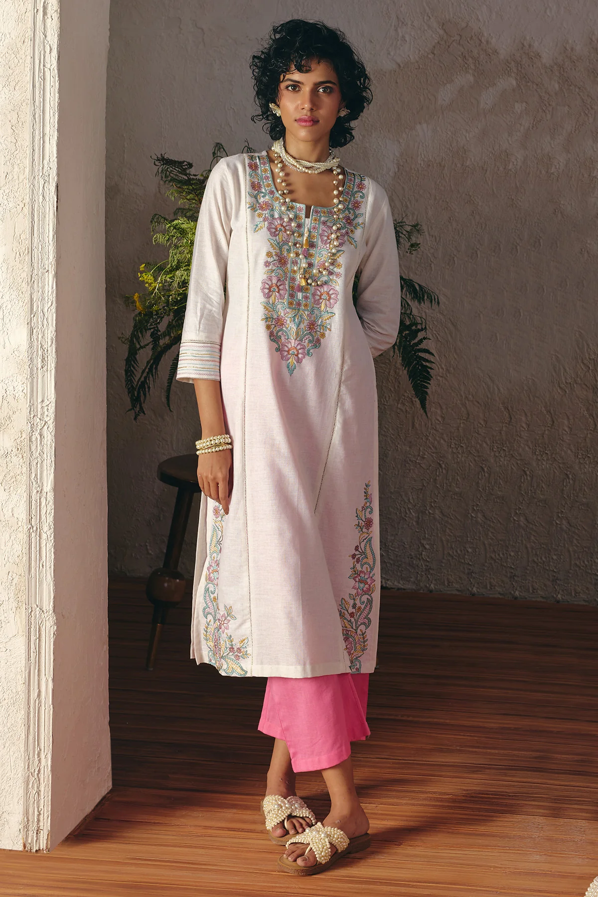 Cream Embroidered Kurta 2 Pcs Set - Image 4