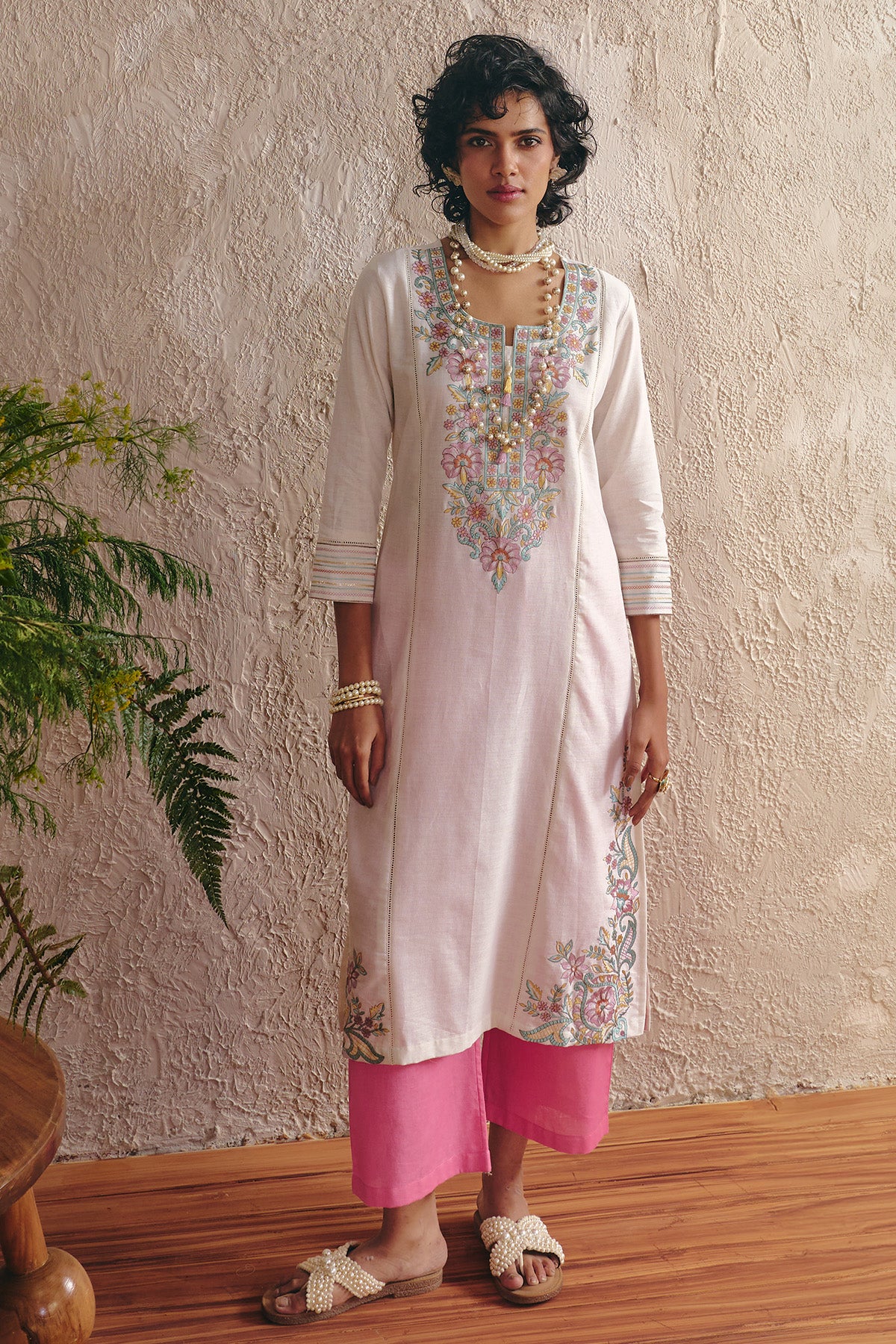 Cream Embroidered Kurta 2 Pcs Set - Image 5