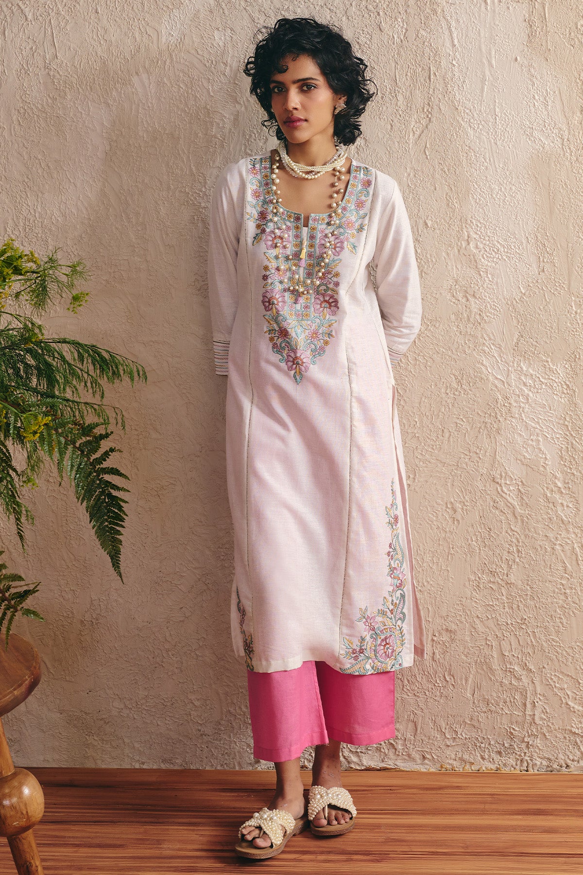 Cream Embroidered Kurta 2 Pcs Set - Image 6