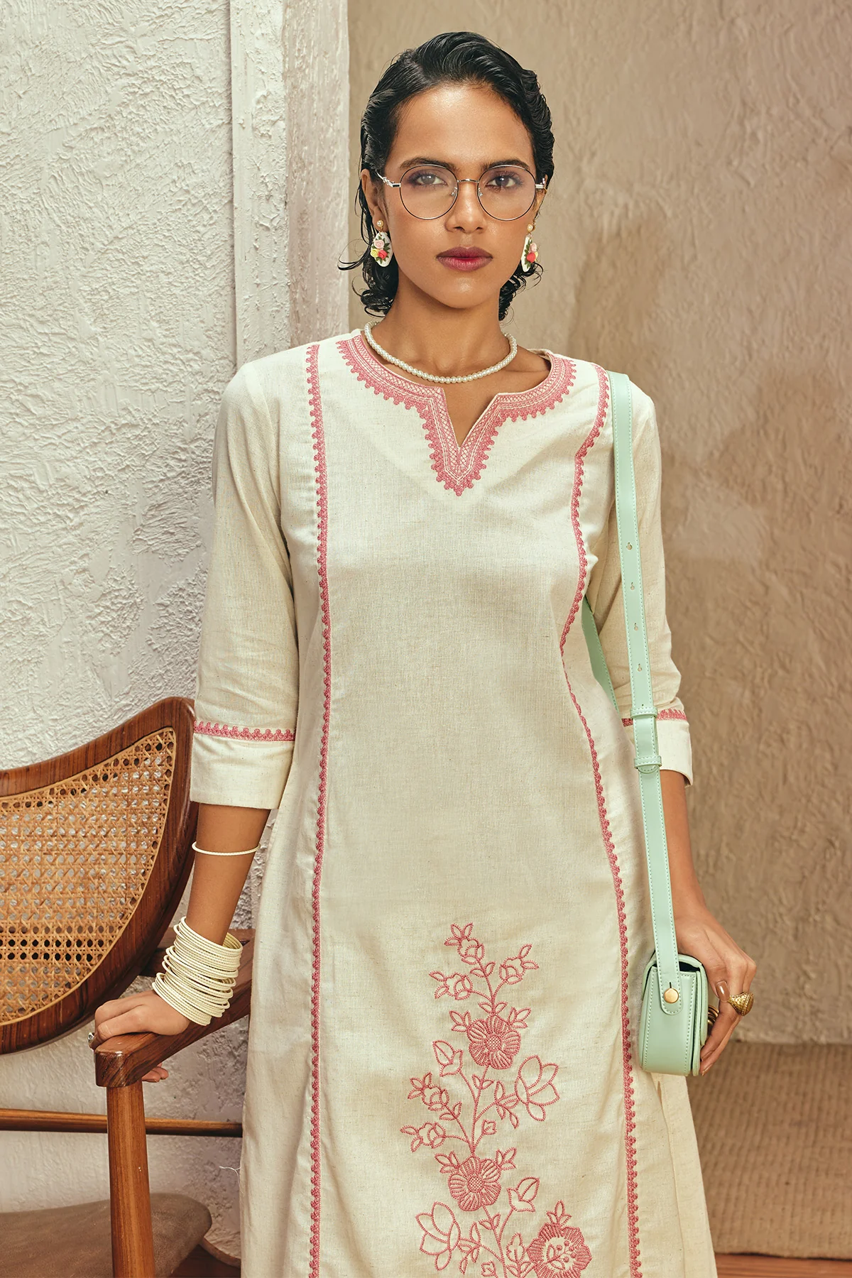 Cream Embroidered Kurta 2 Pcs Set - Image 3