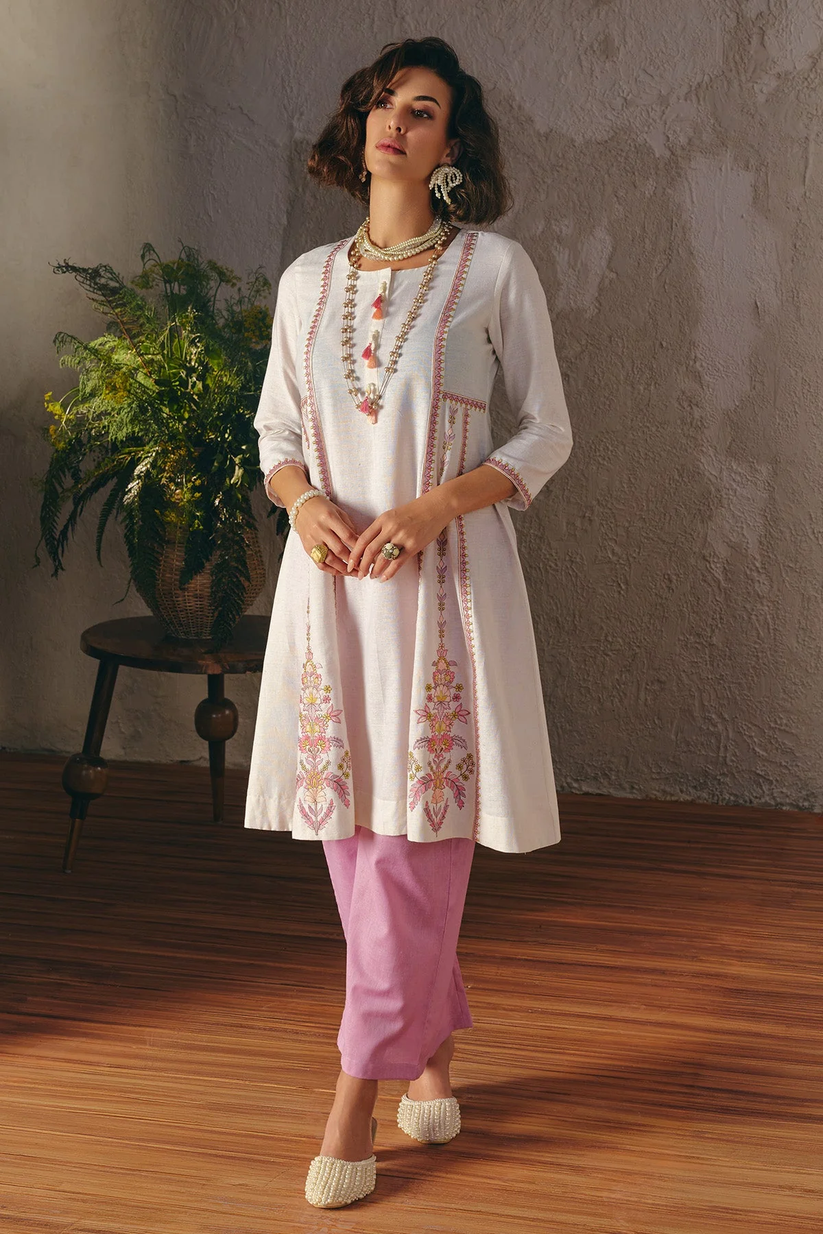 Cream Embroidered Kurta 2 Pcs Set - Image 2