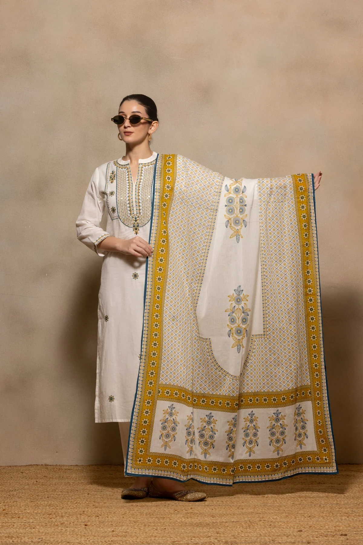 Cream Embroidered Sequenced Kurta 3 Pcs Set