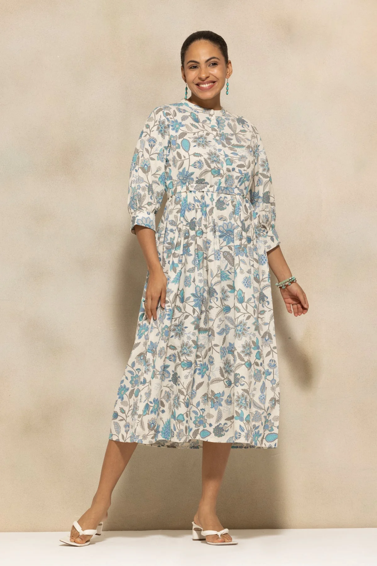 Cream Flared Printed Dress
