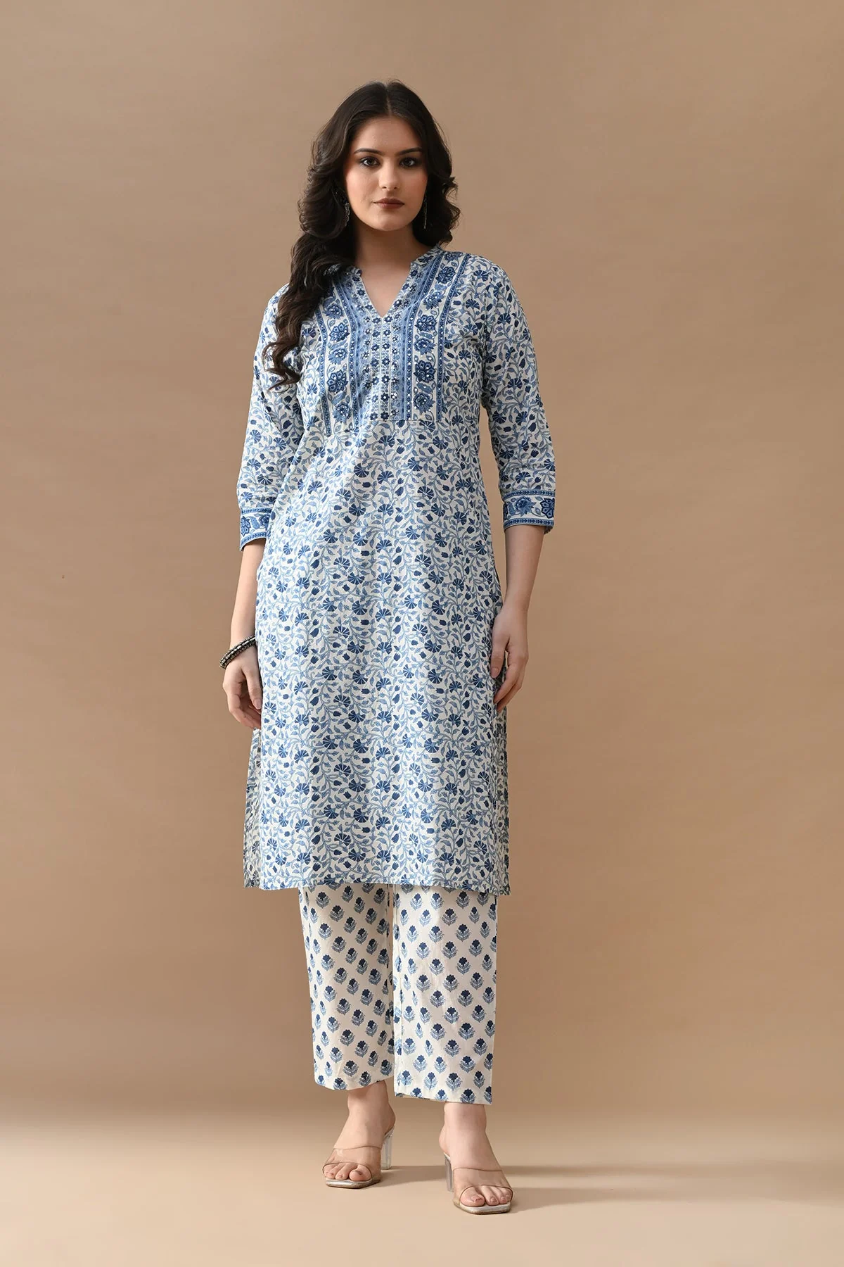 Cream Floral Printed Kurta 2 Pcs Set