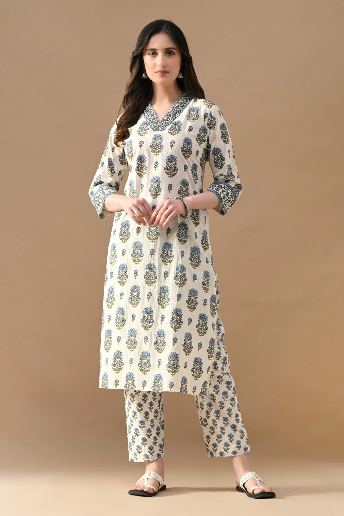 Cream Floral Printed Kurta 2 Pcs Set