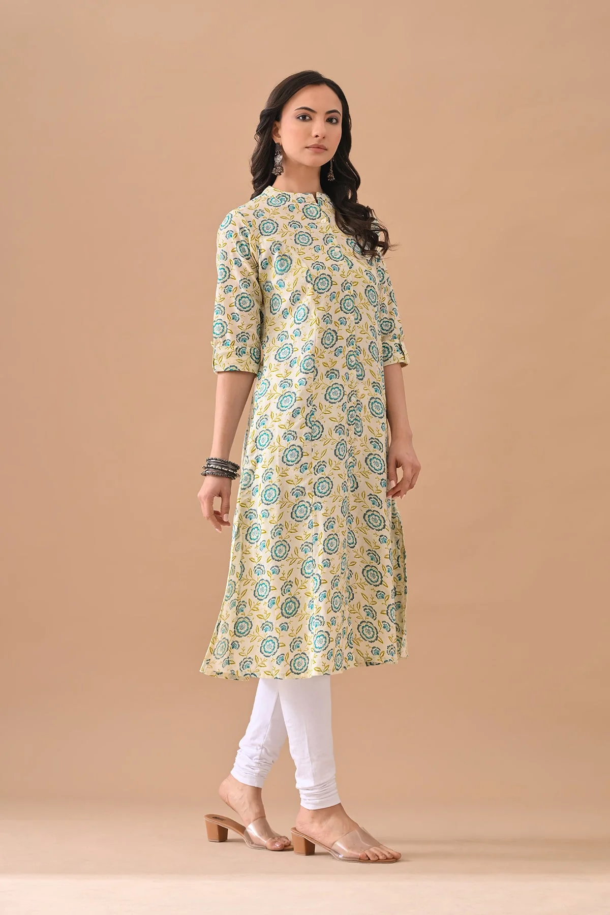 Cream Printed A-line Kurta - Image 3