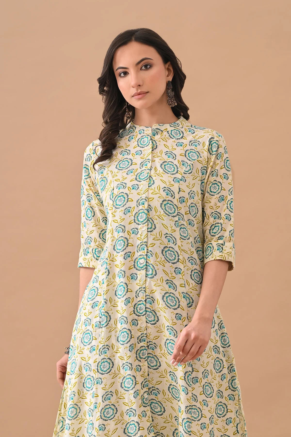 Cream Printed A-line Kurta - Image 4