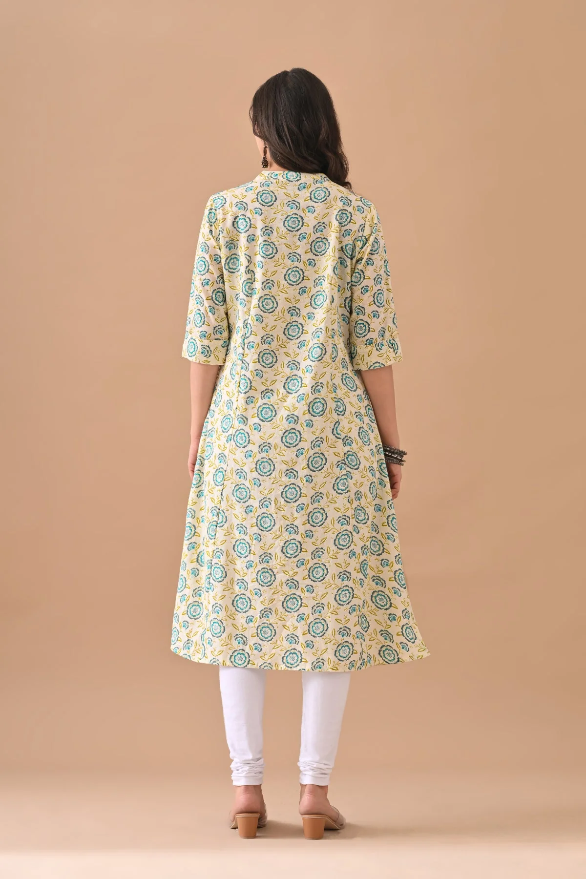 Cream Printed A-line Kurta - Image 5