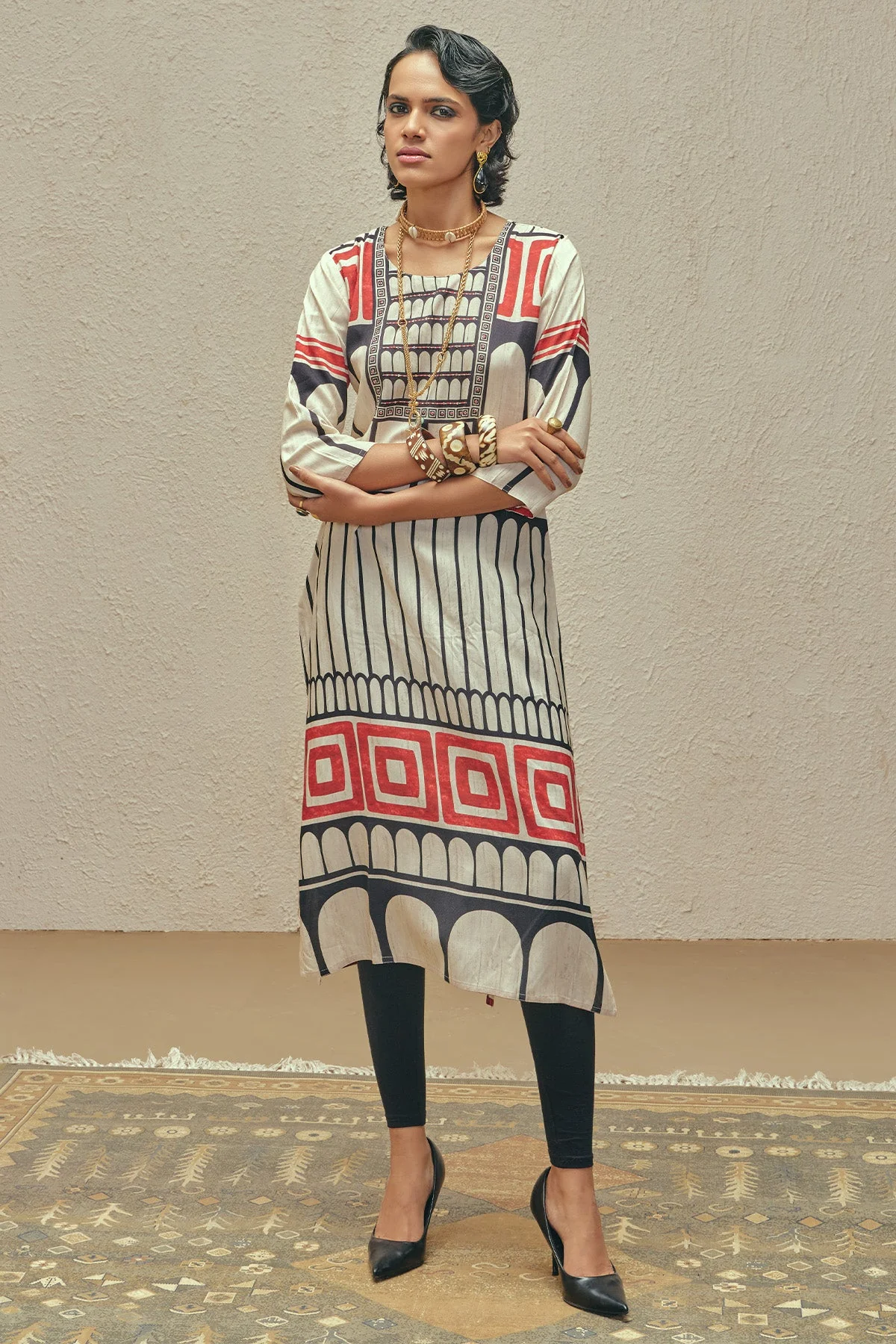Cream Printed Kurta - Image 2