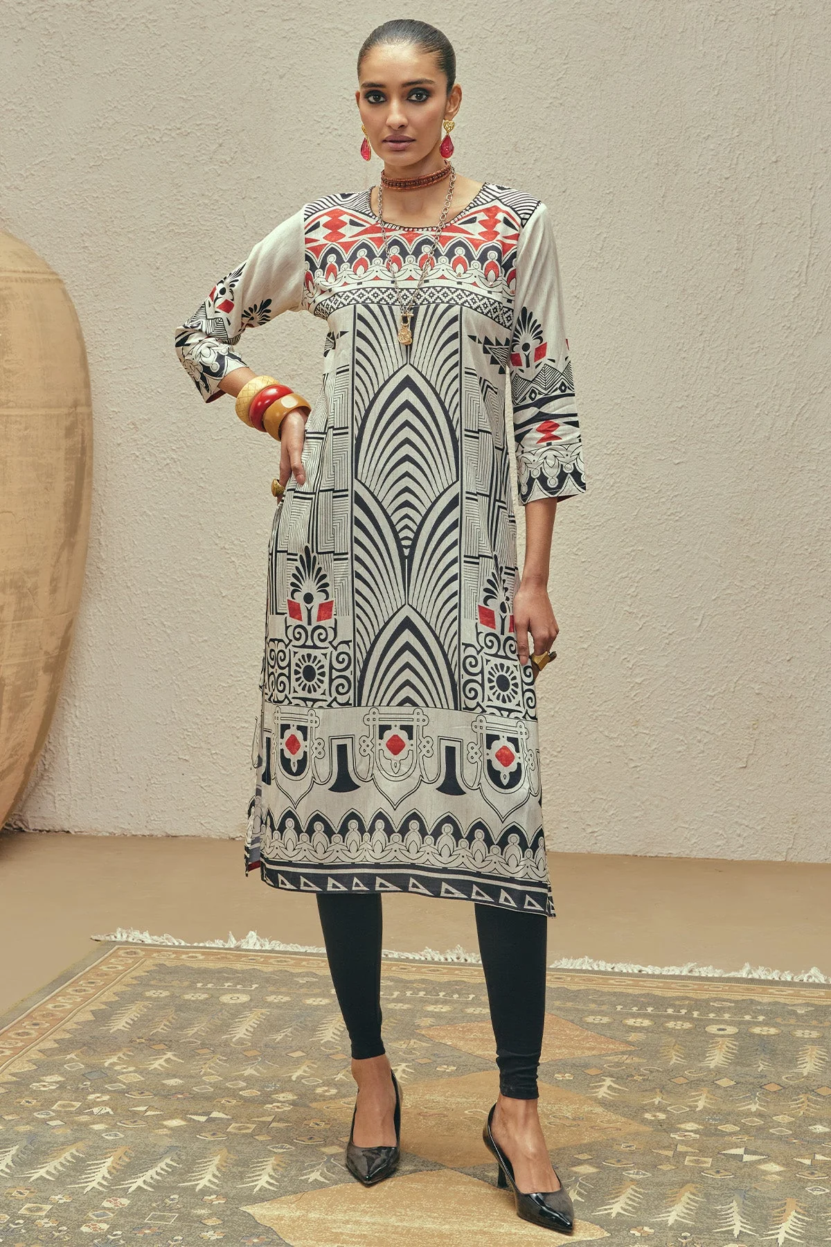 Cream Printed Kurta - Image 3