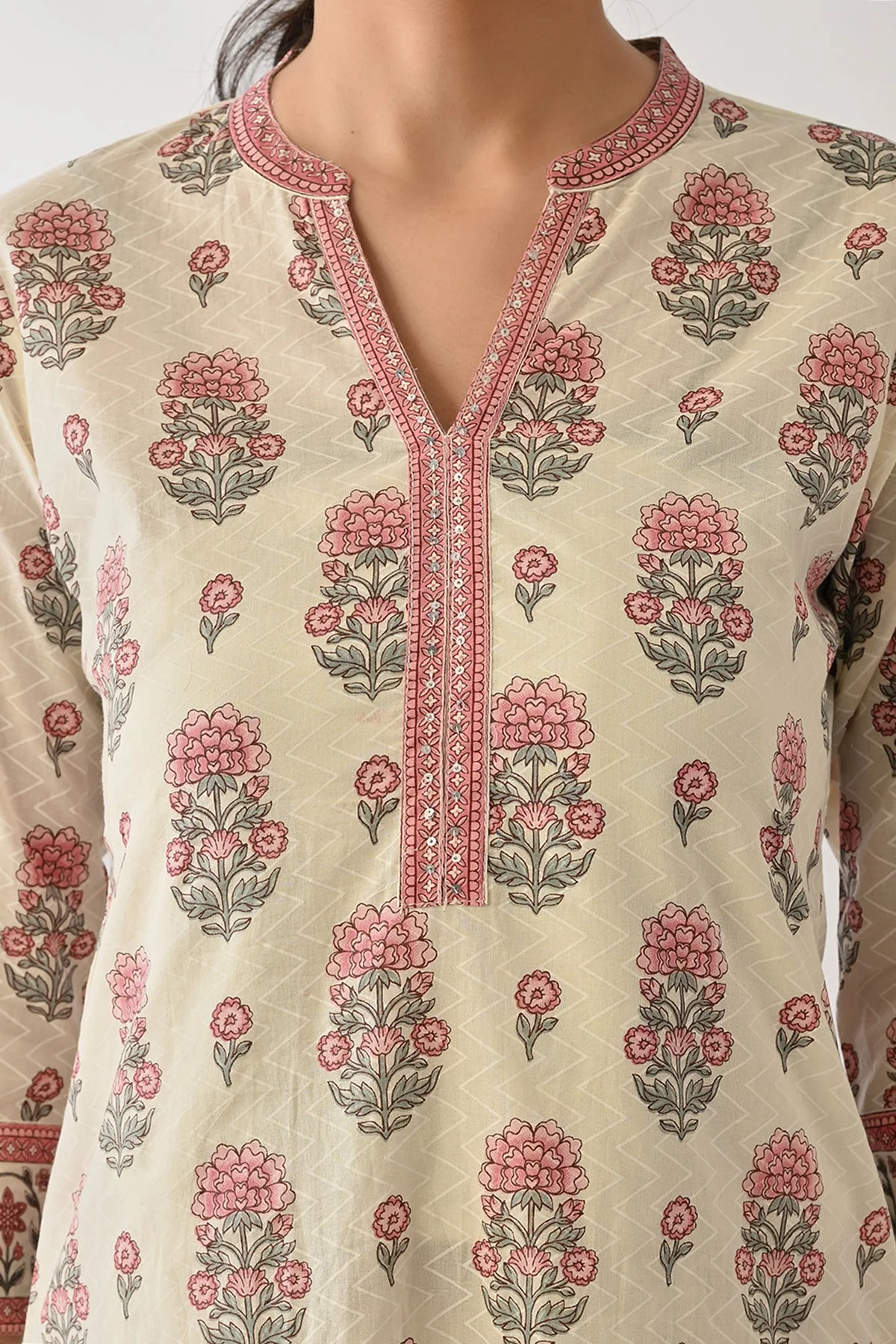 Cream Printed Kurta 2 Pcs Set - Image 4