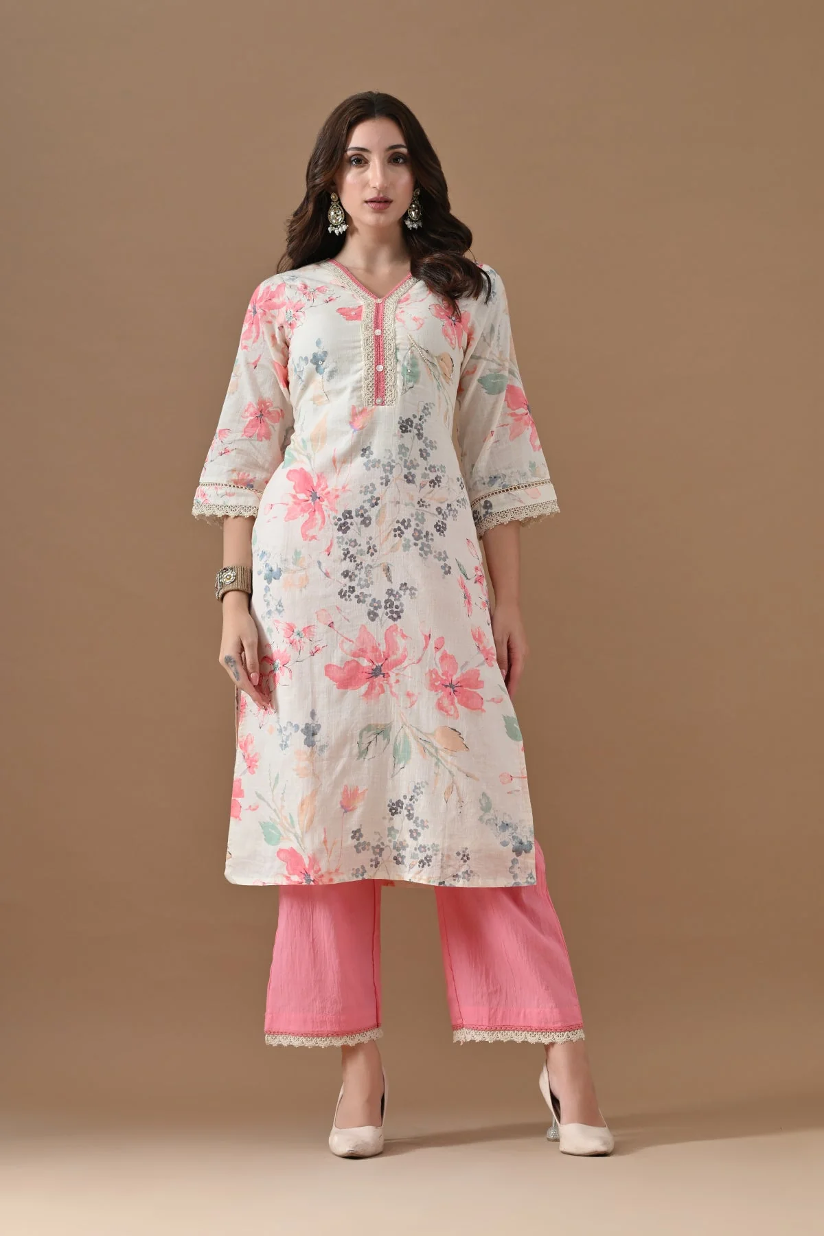 Cream Printed Kurta 2 Pcs Set