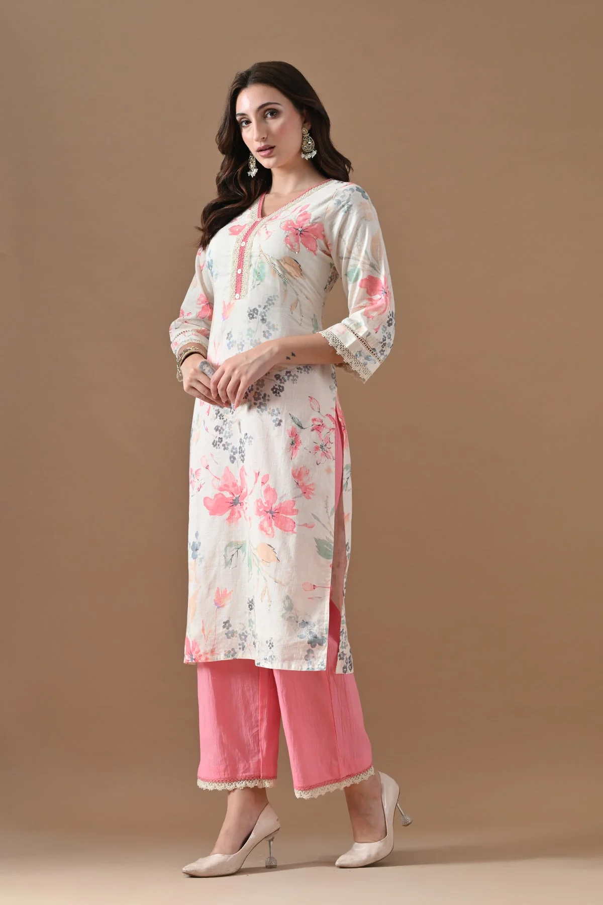 Cream Printed Kurta 2 Pcs Set - Image 2