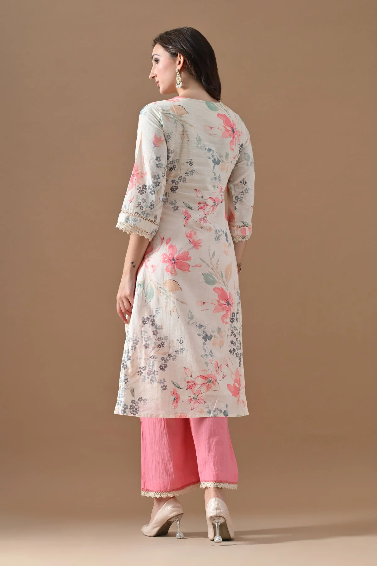 Cream Printed Kurta 2 Pcs Set - Image 5