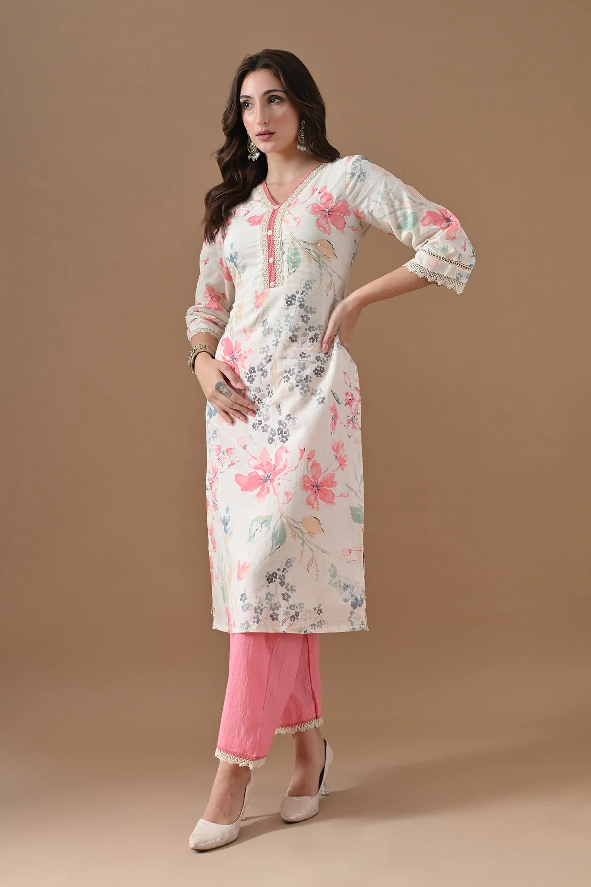 Cream Printed Kurta 2 Pcs Set - Image 7