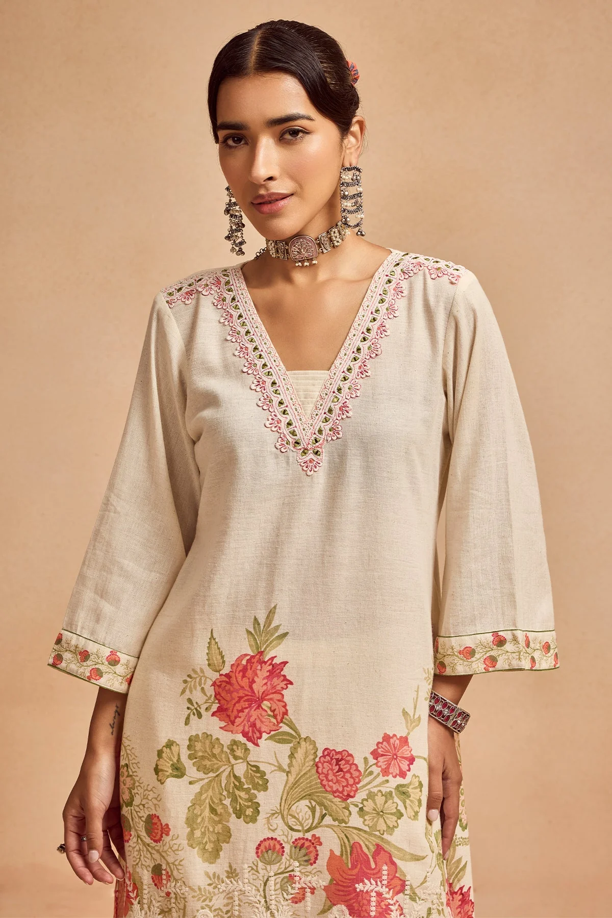 Cream Printed Kurta 2 Pcs Set - Image 3