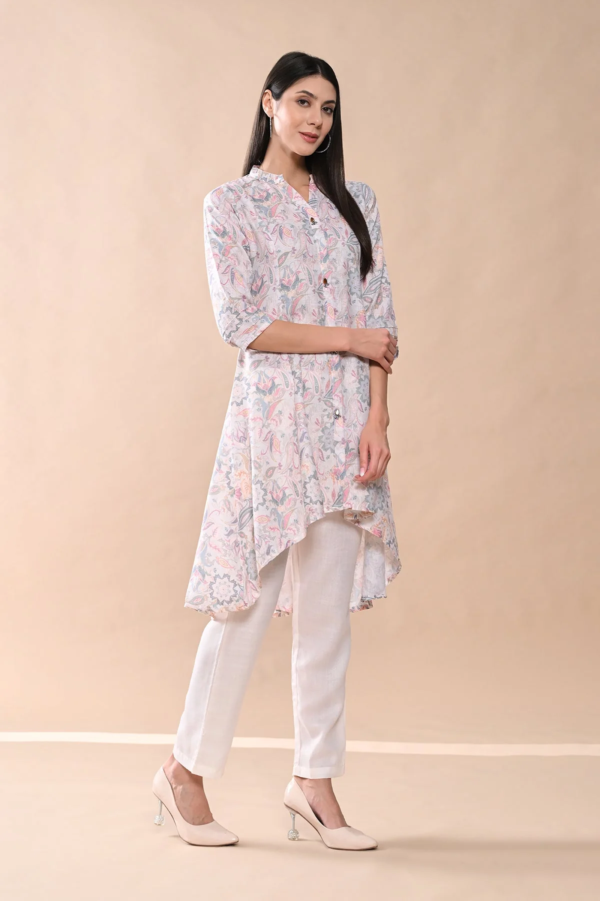 Cream Printed Kurta 2 Pcs Set - Image 3