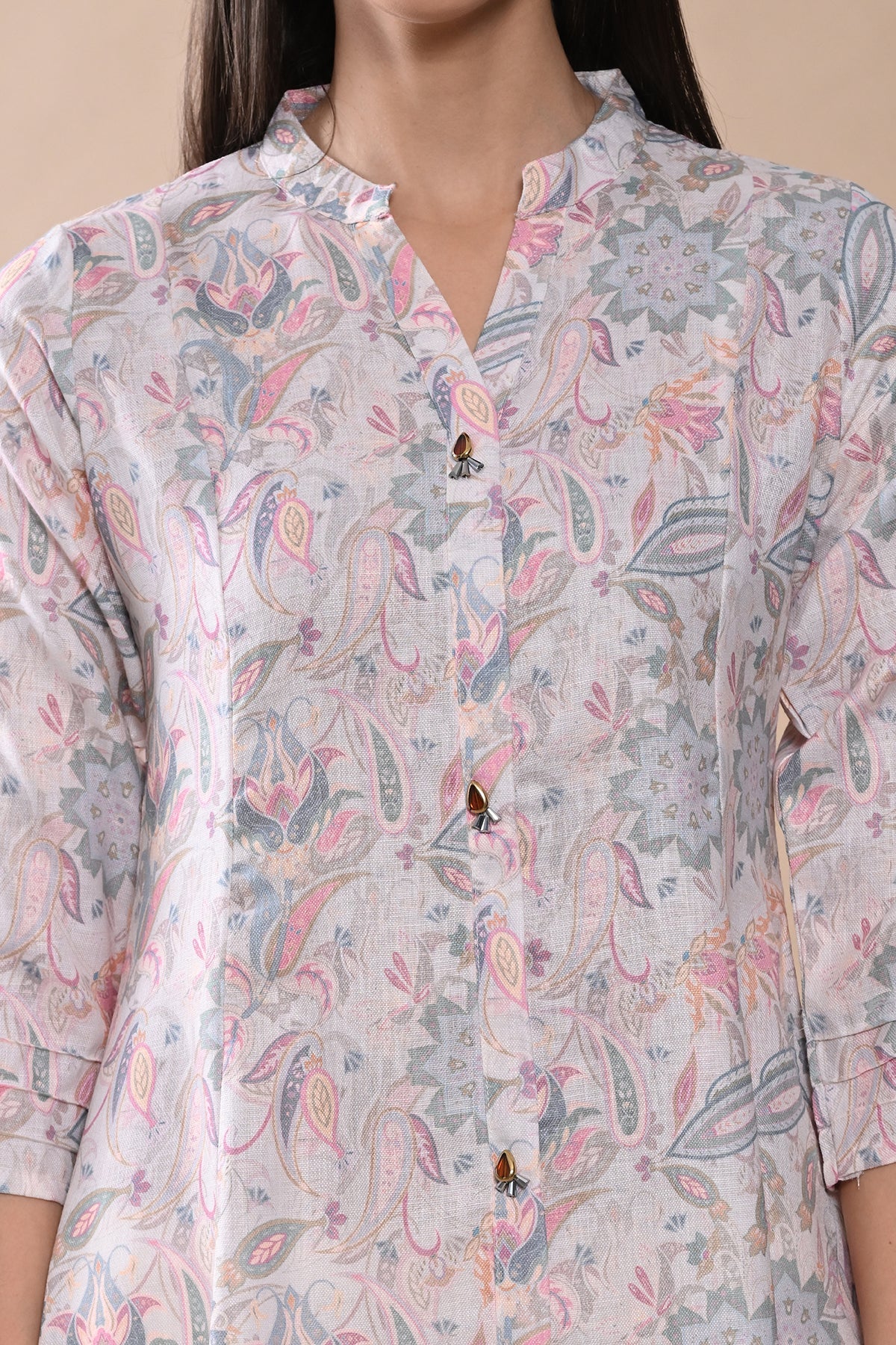 Cream Printed Kurta 2 Pcs Set - Image 4