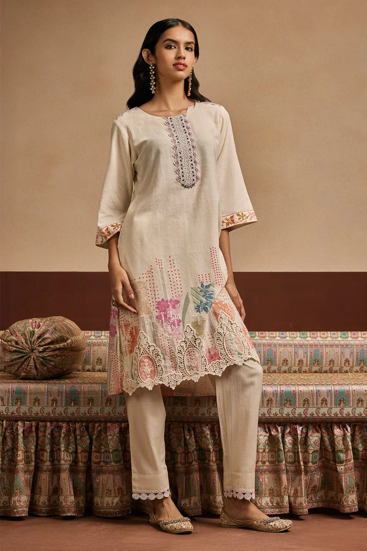 Cream Printed Kurta 2 Pcs Set - Image 2