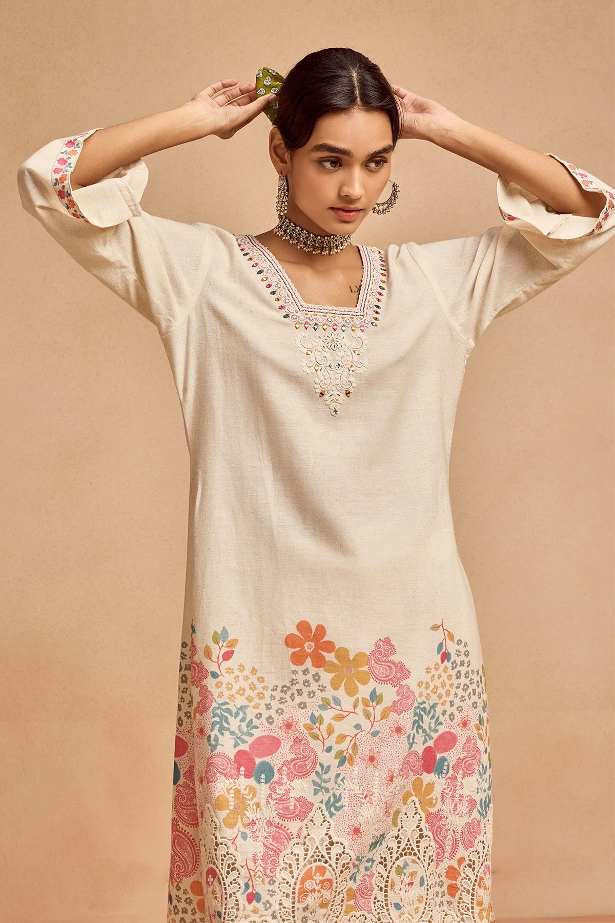 Cream Printed Kurta 2 Pcs Set - Image 3