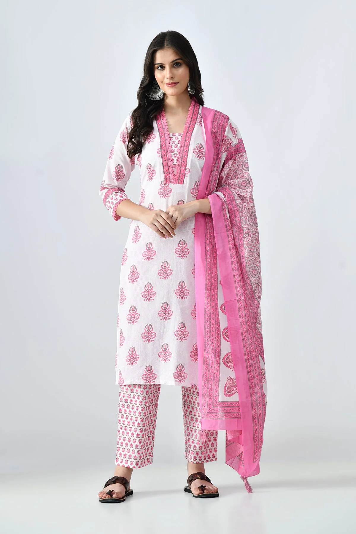 Cream Printed Kurta 3 Pcs Set