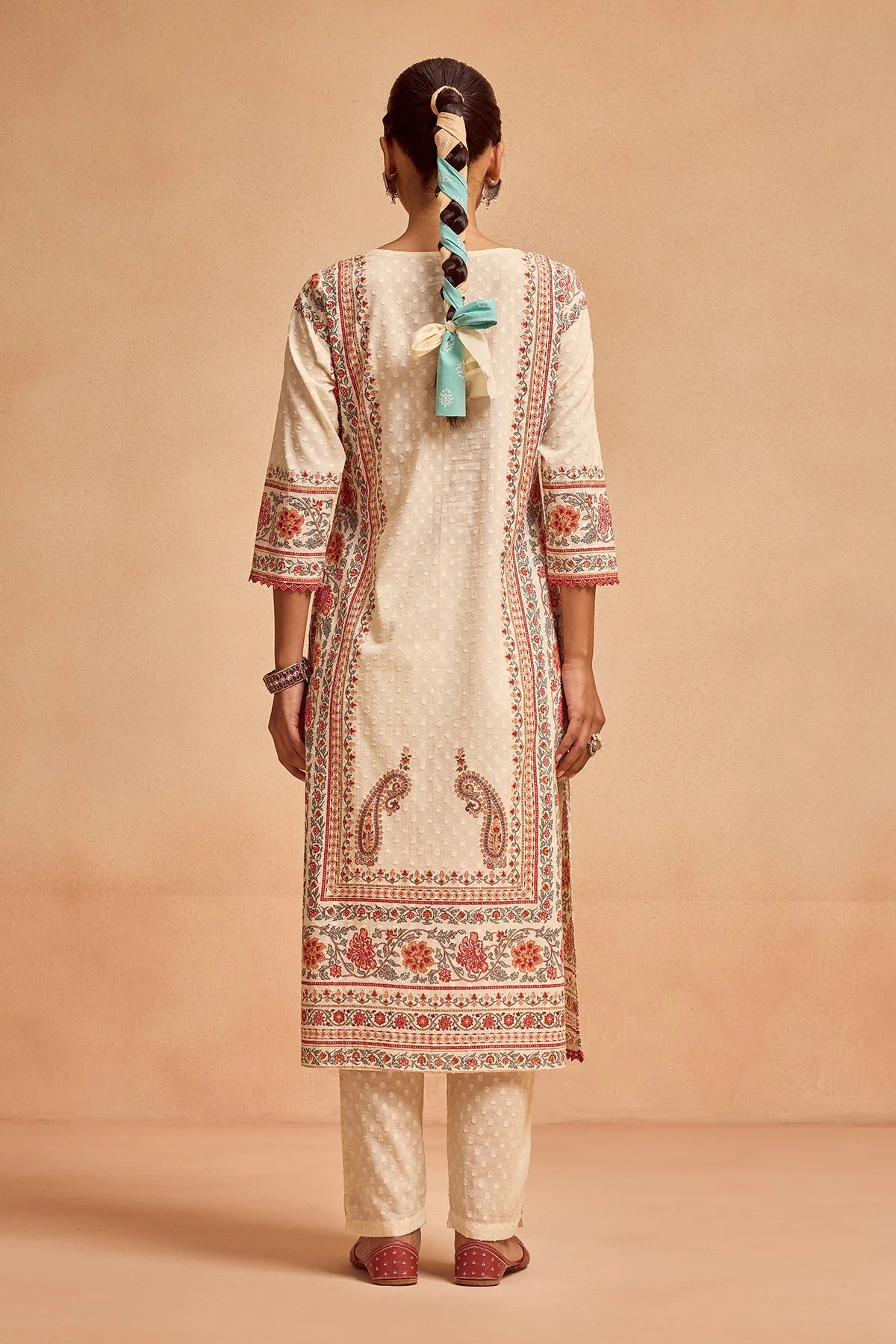 Cream Printed Kurta 3 Pcs Set - Image 3