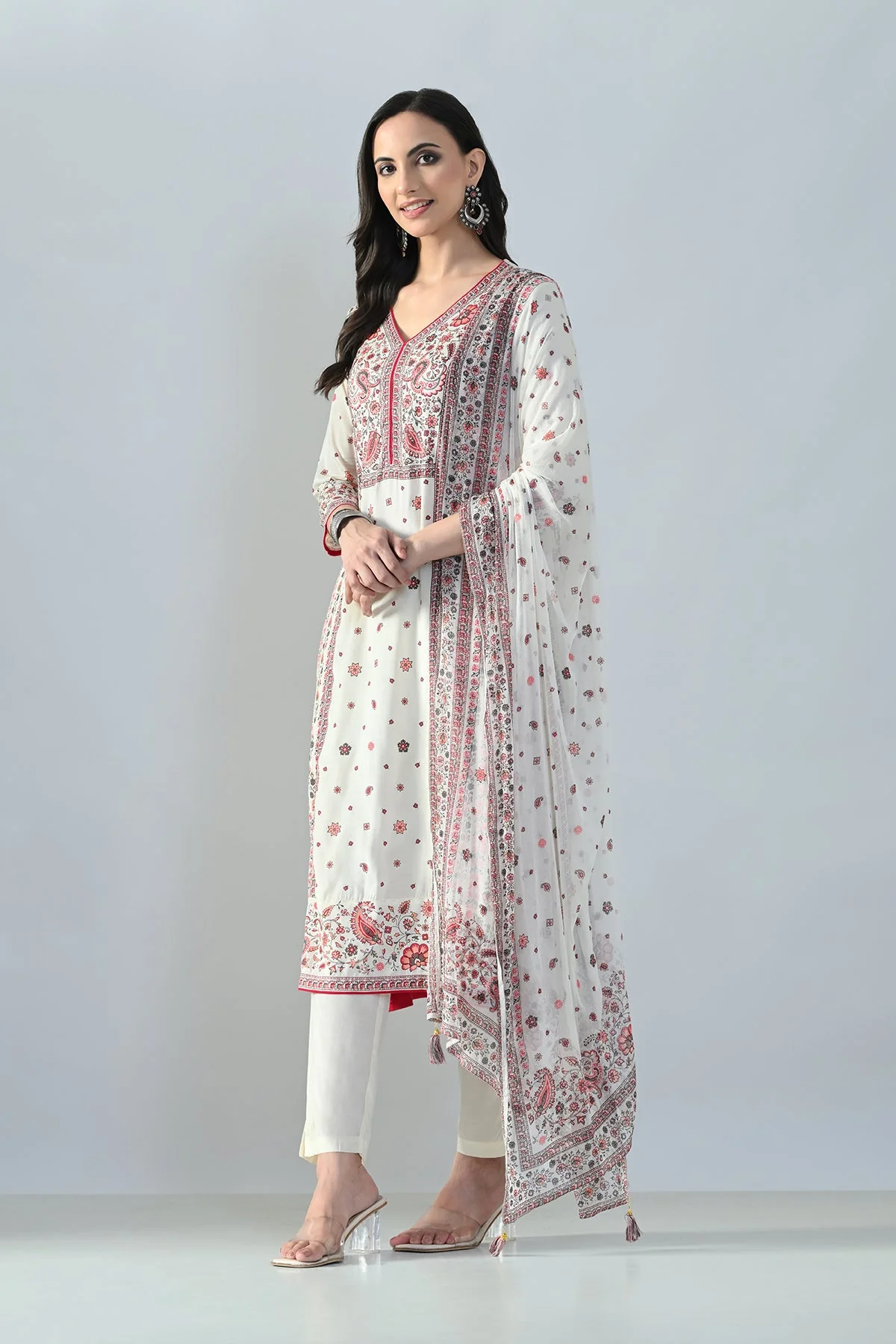 Cream Printed Kurta 3 Pcs Set - Image 3