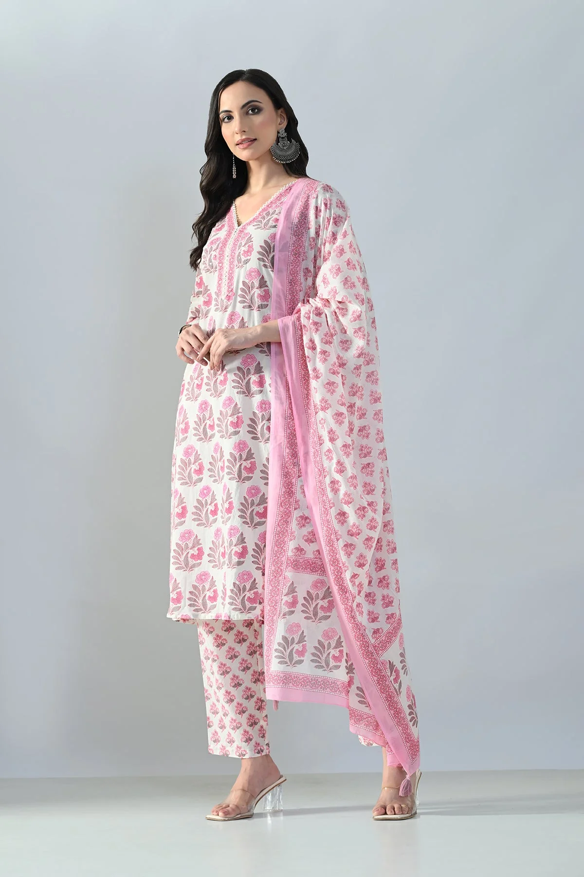 Cream Printed Kurta 3 Pcs Set - Image 3